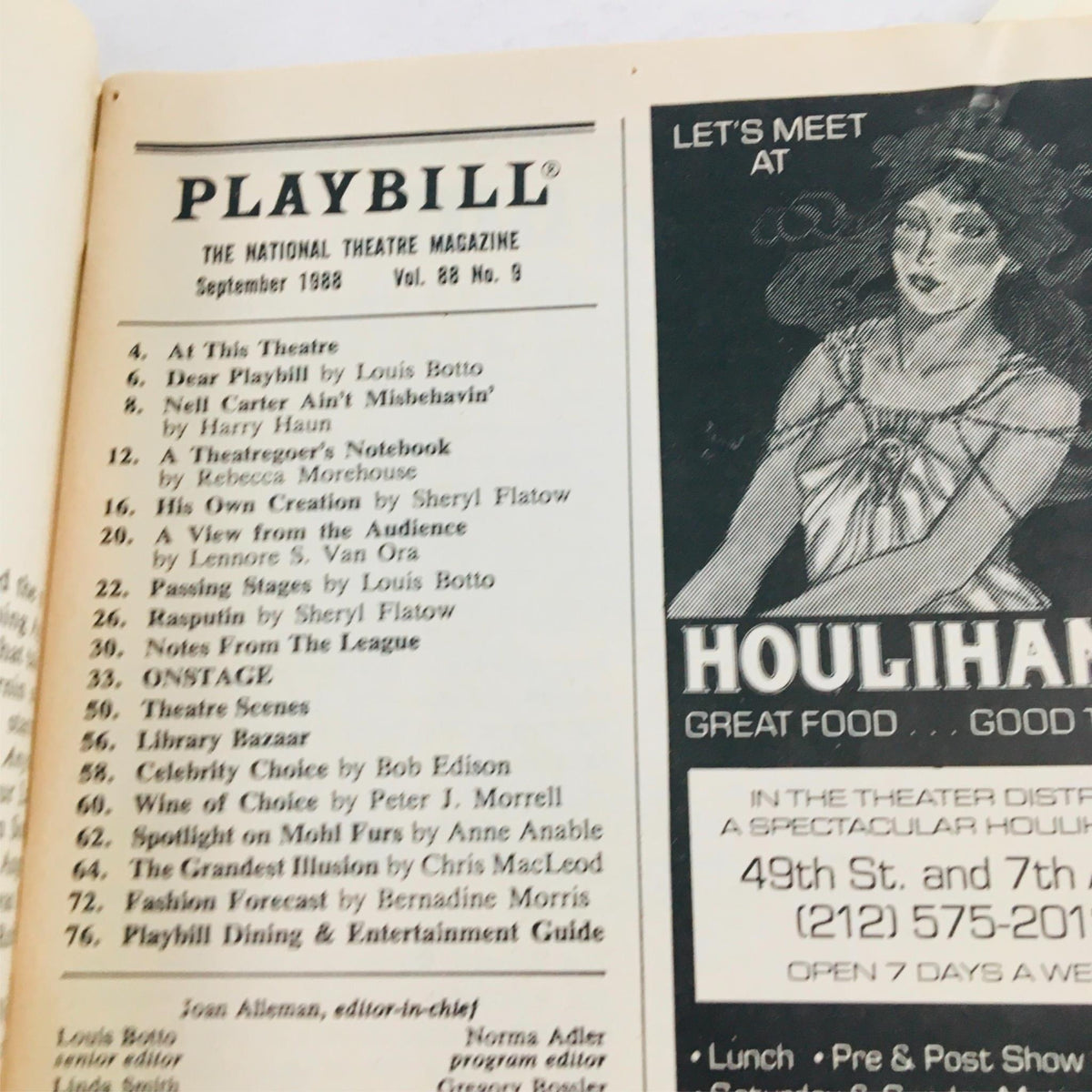 Table of contents from the September 1988 Playbill Phantom of the Opera, displaying various articles and features.