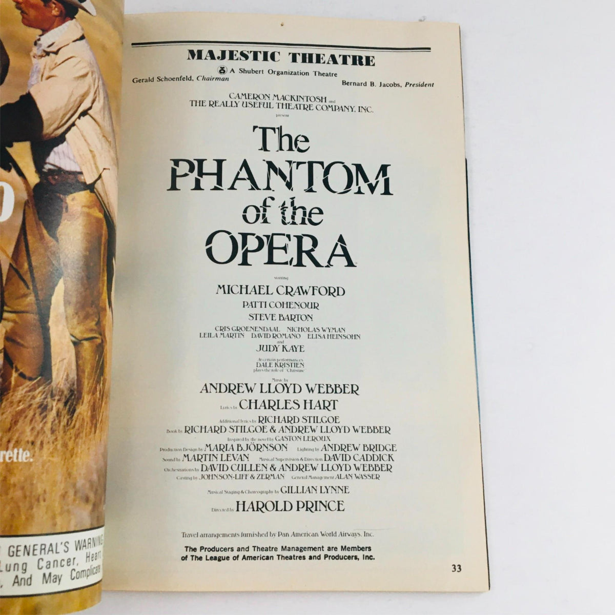 Title page of the 1988 Playbill Phantom of the Opera, detailing cast and production team at the Majestic Theatre.