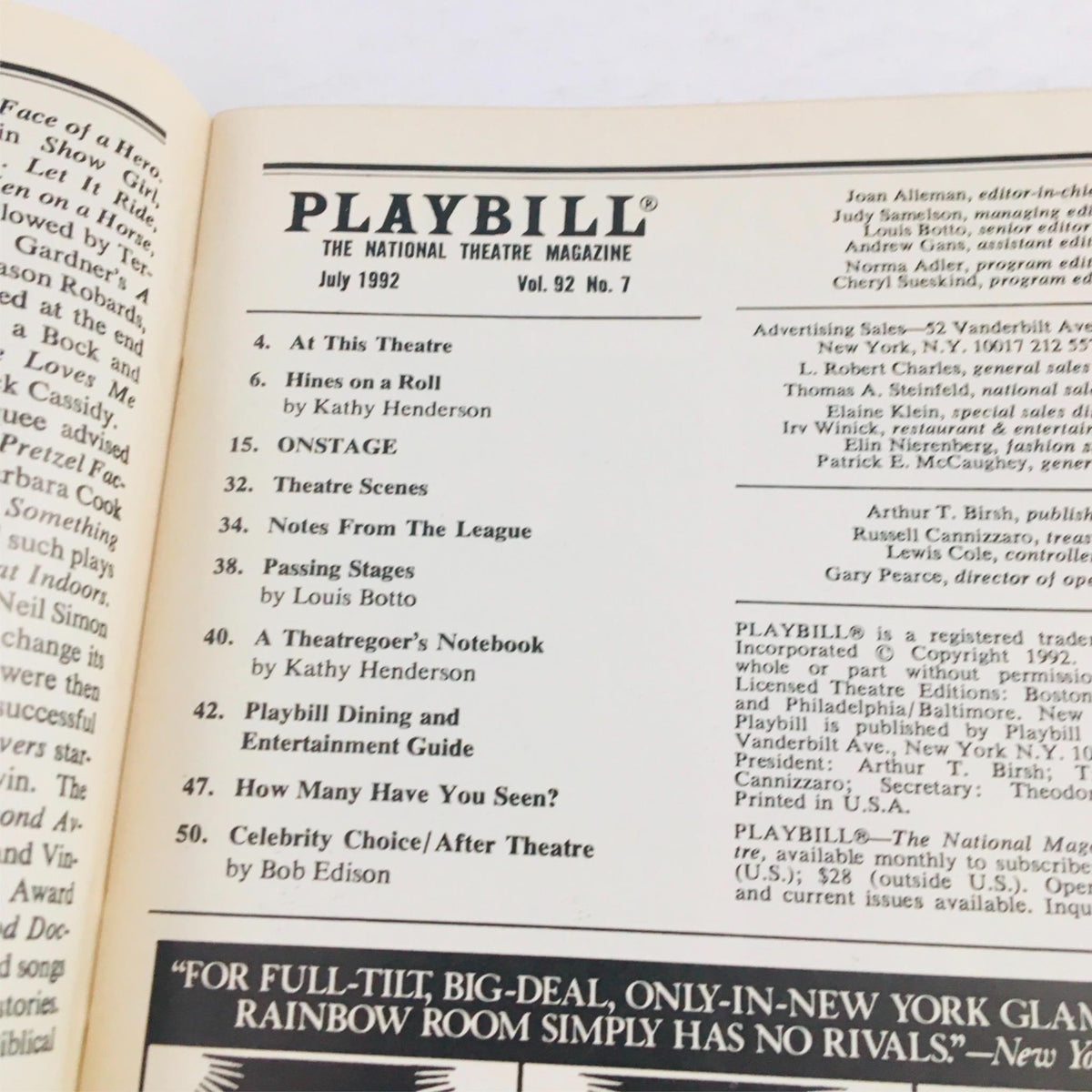 Interior page of the July 1992 Playbill, featuring an overview and articles from 'Five Guys Named Moe' by Charles Augins, highlighting the excitement of Broadway.