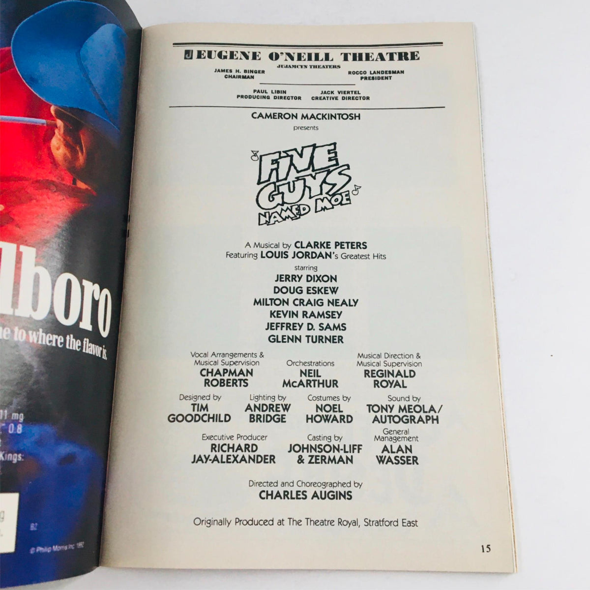 Promotional page from the 1992 Playbill for 'Five Guys Named Moe' by Charles Augins, including cast and production details at the Eugene O'Neill Theatre.