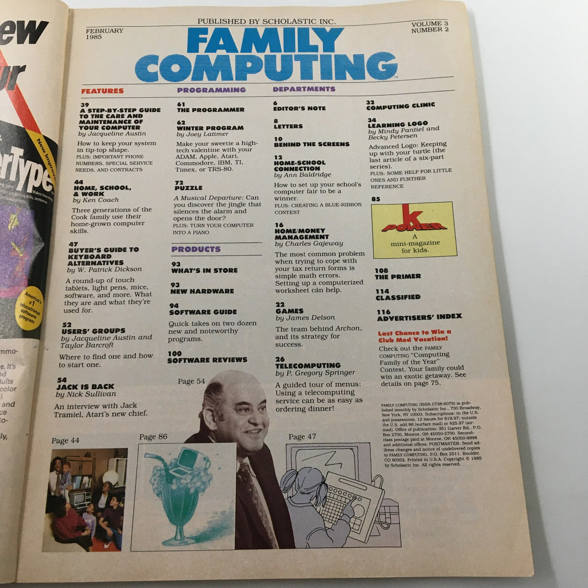 Interior page of VTG Family Computing Magazine February 1985 displaying the table of contents and various features on programming and computing topics.