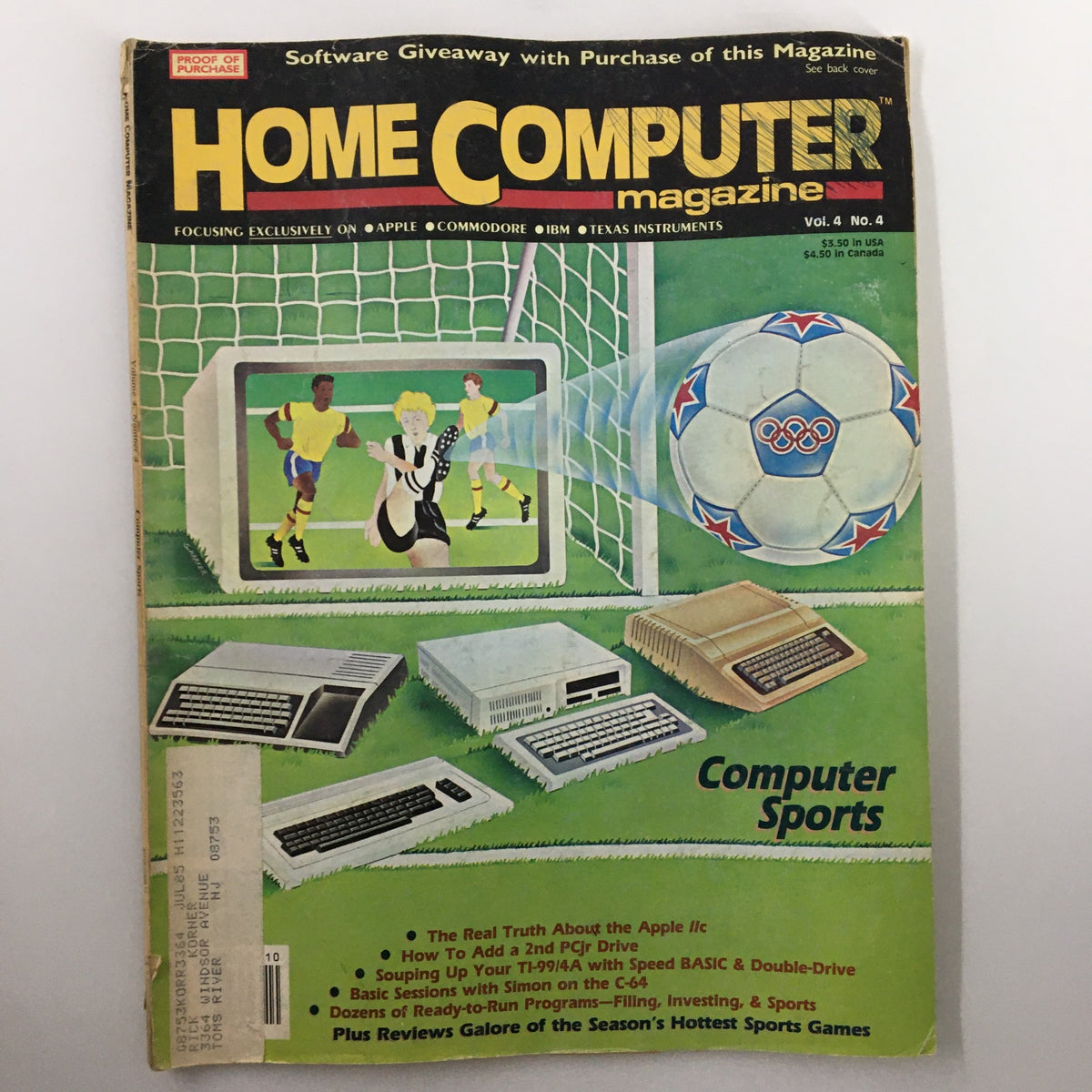 Cover of Home Computer Magazine Vol. 4 No. 4 featuring retro computer equipment, the Olympics logo, and a soccer theme, highlighting information on computer sports and technology.