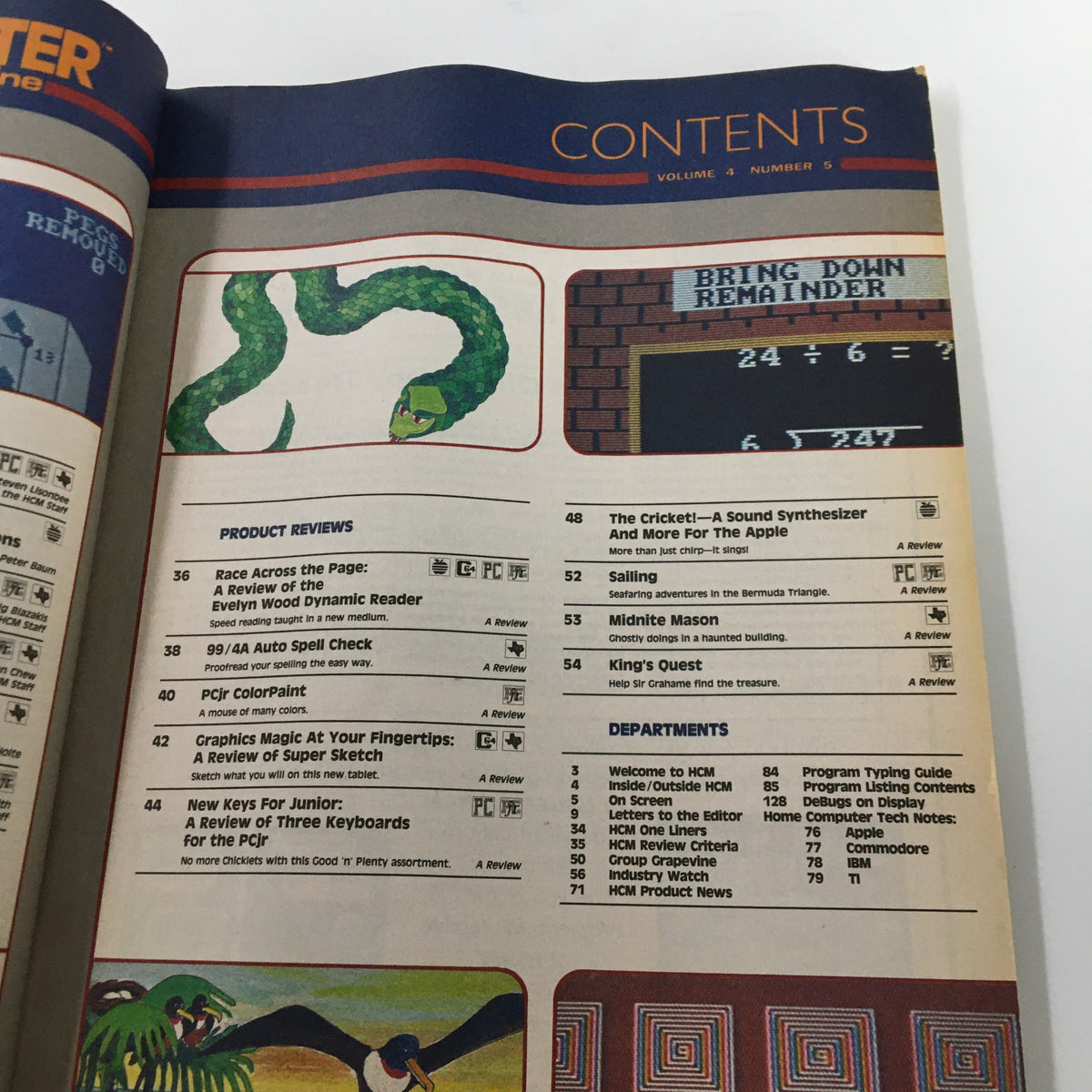 Another interior page of Vintage Home Computer Magazine Vol. 4 No. 5 featuring detailed contents layout, indicating features on programming and product reviews.