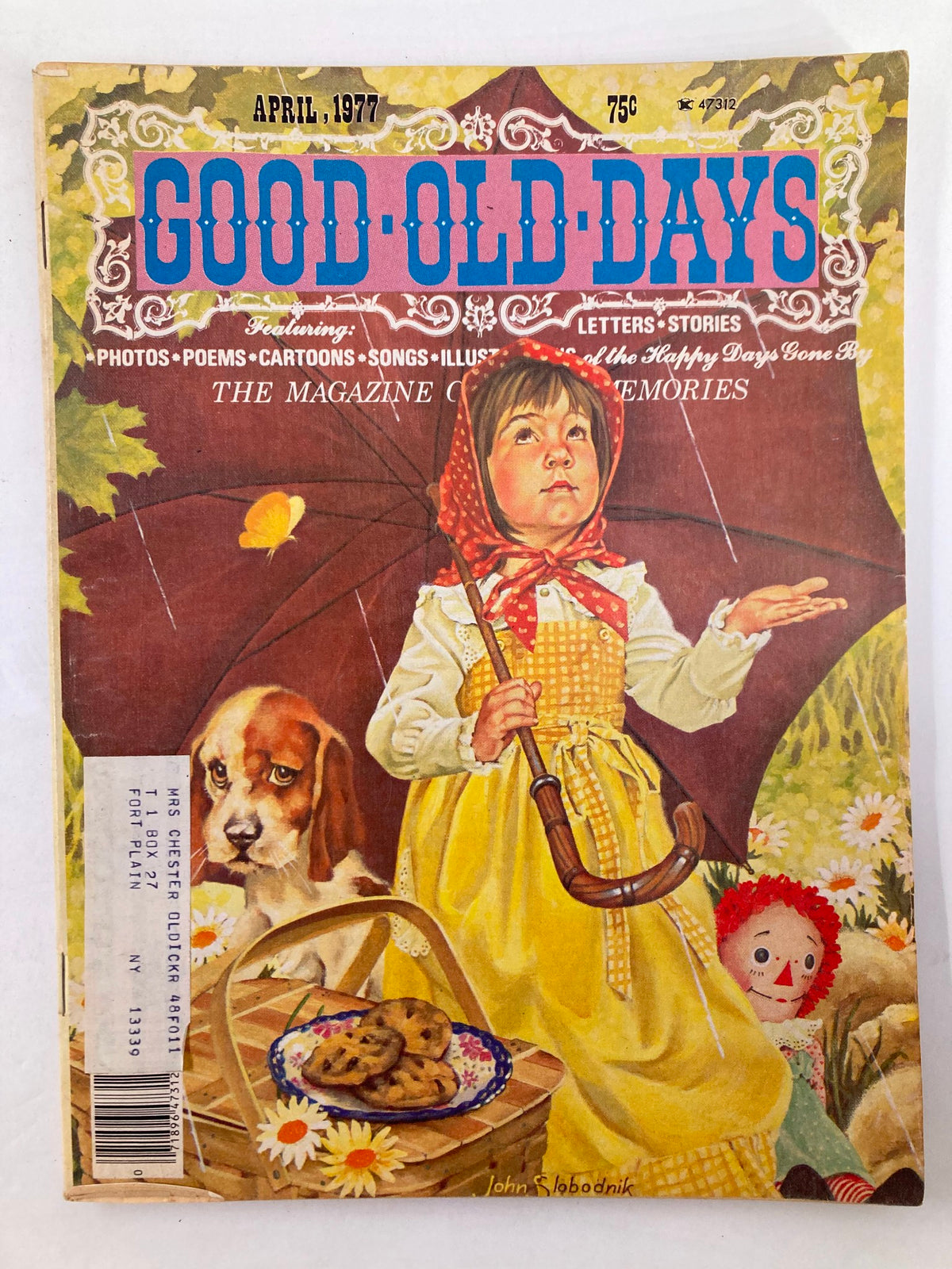 Cover of VTG Good Old Days Magazine April 1977 Vol 13 #10 featuring a nostalgic illustration of a young girl with an umbrella, a dog, a picnic basket, and a rag doll, emphasizing the theme 'A Visit with Aunt Tola'.