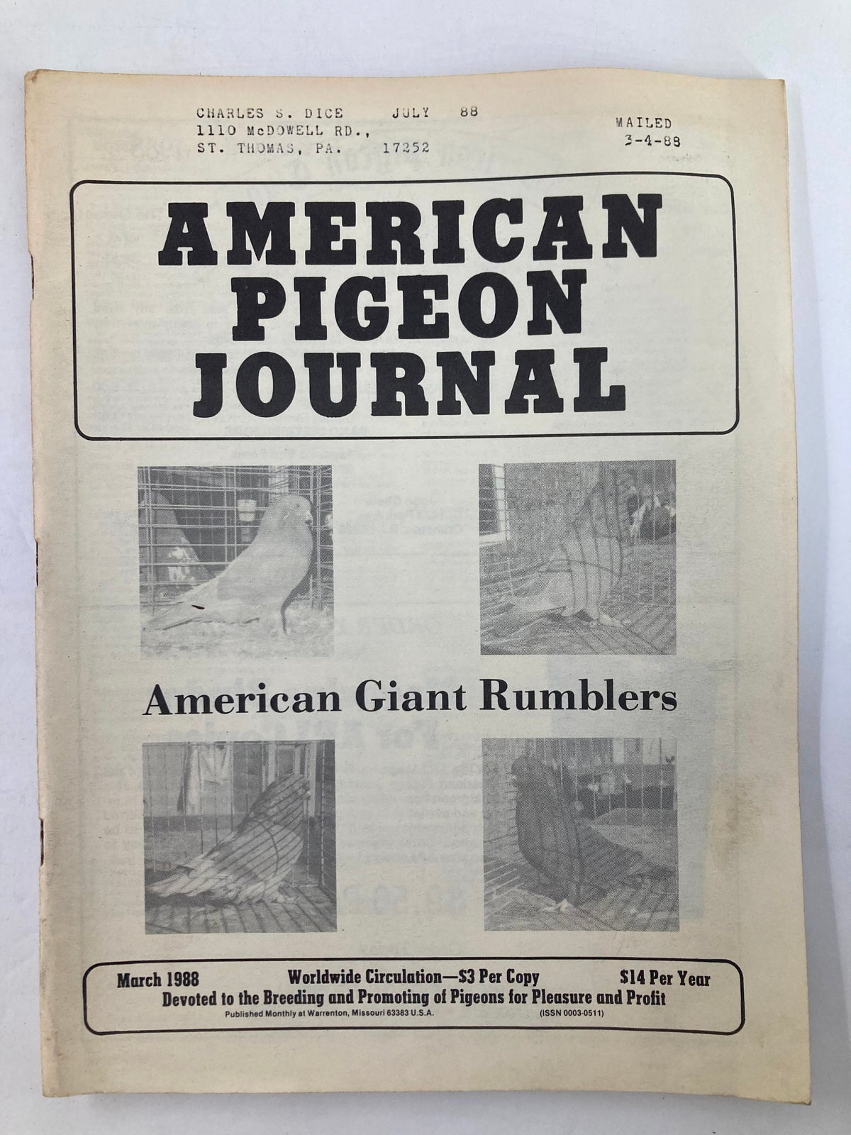 Cover of VTG American Pigeon Journal March 1988, Vol 76 #3 featuring American Giant Rumblers, showcasing images related to the breed and magazine details.
