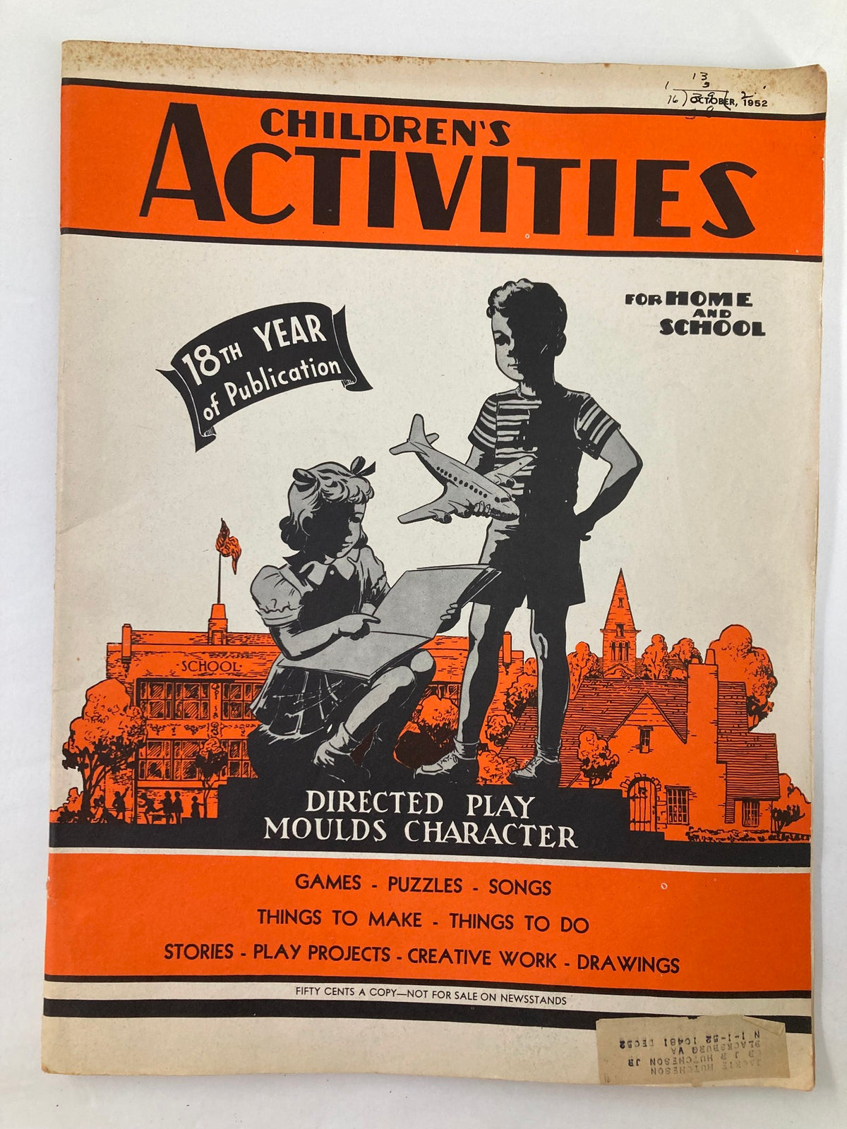 Cover of VTG Children's Activities Magazine October 1952 Vol 18 #8 featuring children engaging in directed play with a focus on character development.