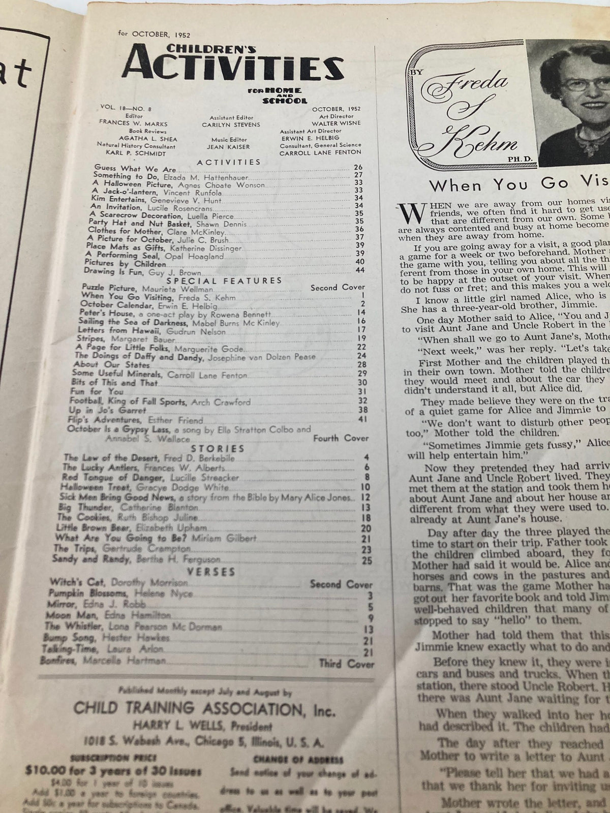 Table of contents from VTG Children's Activities Magazine October 1952 Vol 18 #8, displaying a list of activities and special features for children.