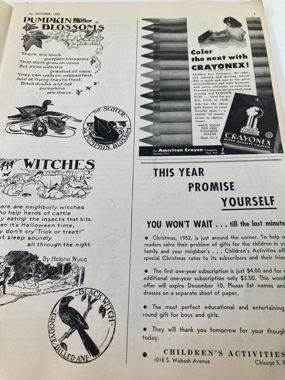 Advertisement page from VTG Children's Activities Magazine October 1952 Vol 18 #8 promoting Crayonex coloring products and showcasing pumpkin blossom poetry.