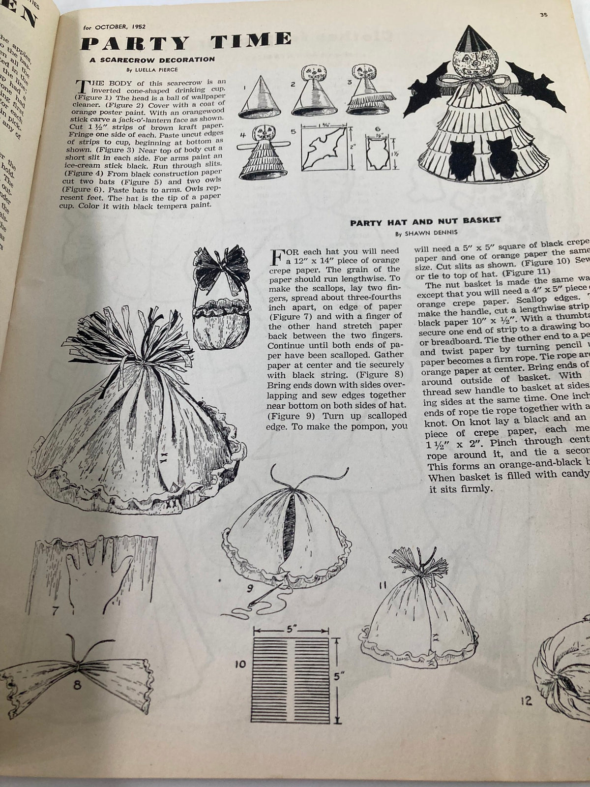A craft guide illustration titled 'Party Time' from the VTG Children's Activities Magazine October 1952 Vol 18 #8, detailing instructions for making a scarecrow decoration.