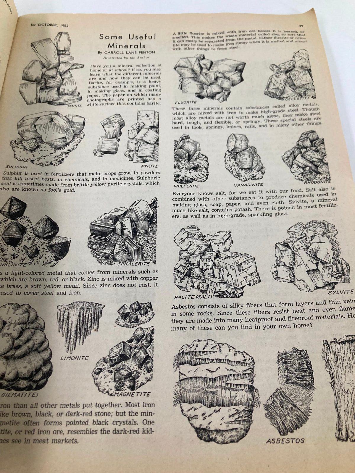 Illustration of useful minerals from VTG Children's Activities Magazine October 1952 Vol 18 #8, featuring various minerals such as barite, pyrite, and halite, showcasing their characteristics and uses in an educational format.