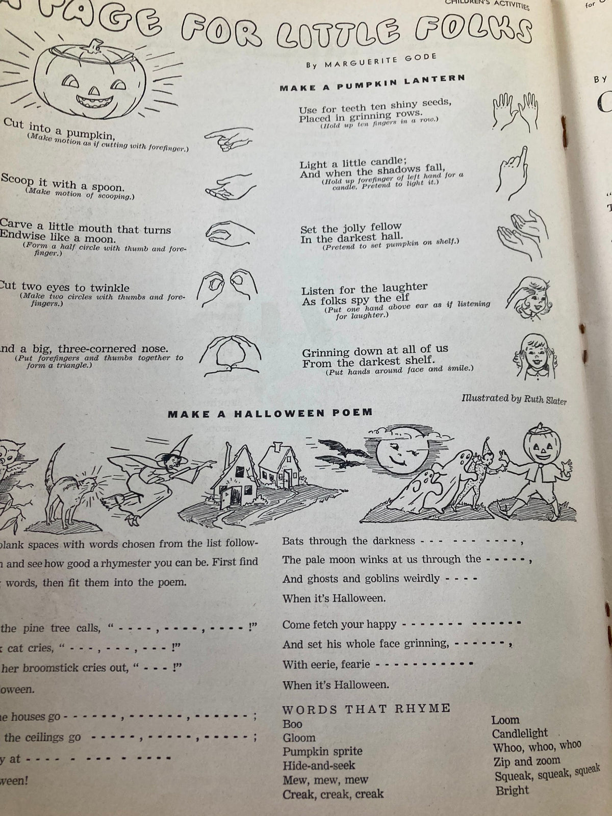 Page titled 'A Page for Little Folks' from VTG Children's Activities Magazine October 1952 Vol 18 #8, presenting simple Halloween activities and a poem for children, illustrated with playful graphics of a pumpkin lantern, cats, and spooky characters.