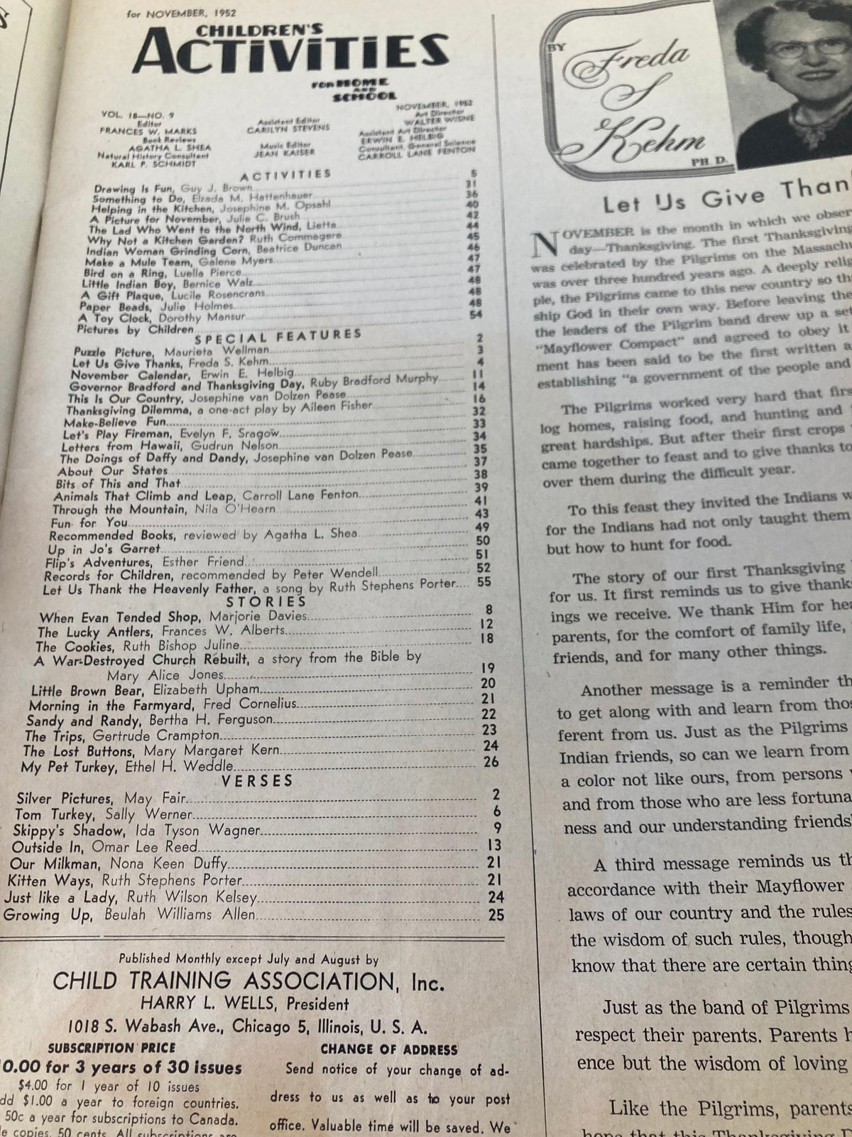 Inside page of the VTG Children's Activities Magazine November 1952, featuring the table of contents and articles listed, emphasizing various activities and stories for children's education.