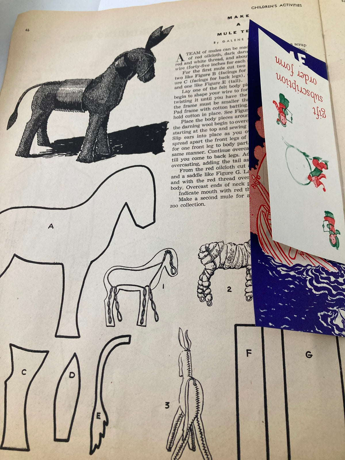 Image from 'Children's Activities Magazine' November 1952 featuring instructions on making a mule toy with illustrated examples, promoting creative play for children.