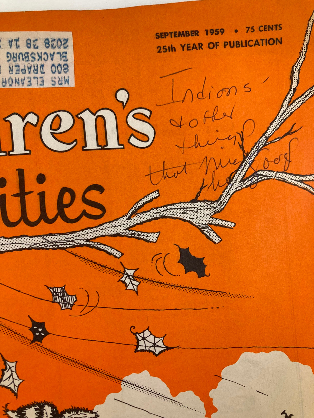 Detailed view of the cover of VTG Children's Activities Magazine from September 1959, showing handwritten notes and a vintage address label.