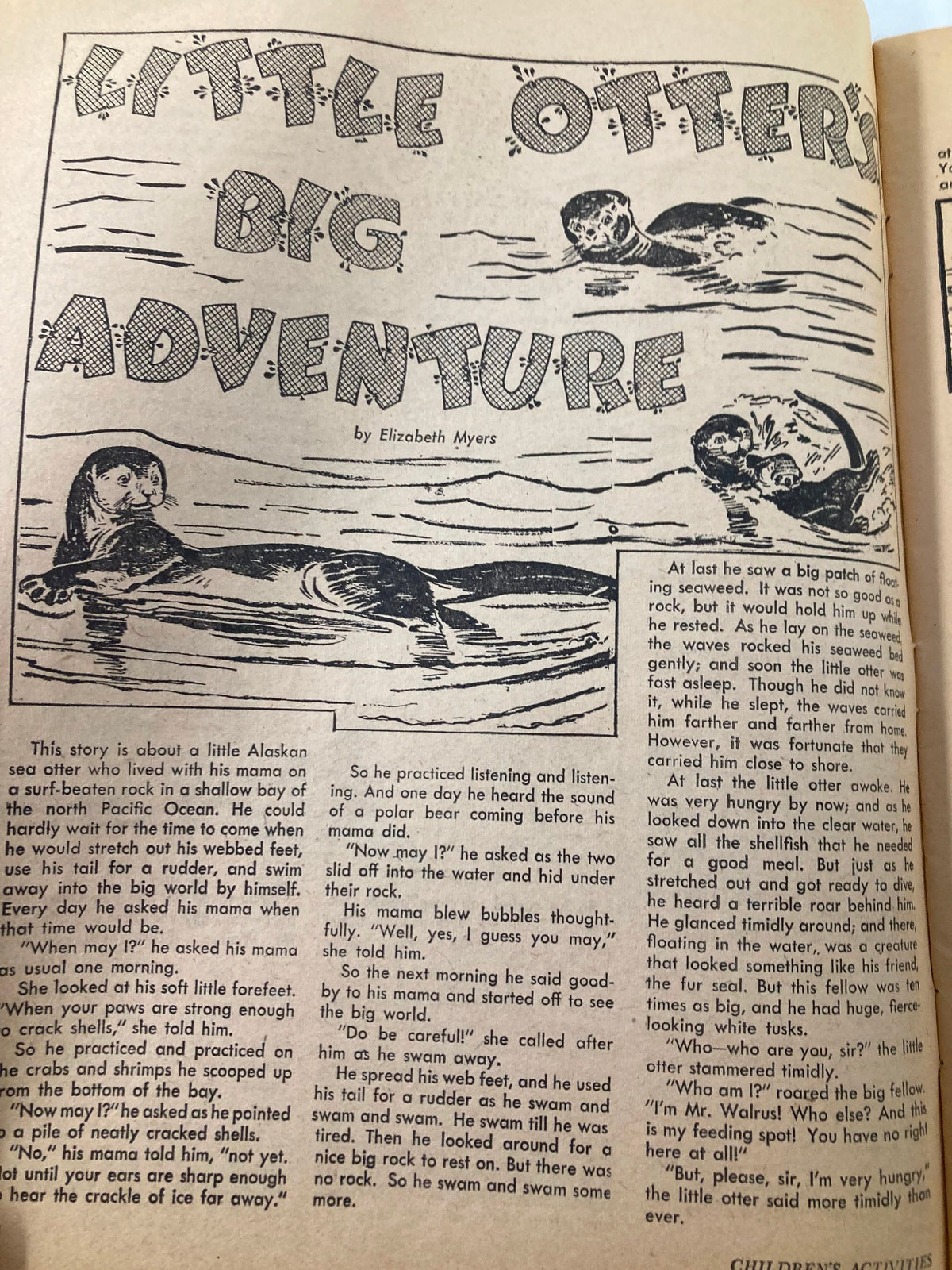 Illustration from the story 'Little Otter's Big Adventure' in VTG Children's Activities Magazine September 1959, depicting playful otters in a water scene.