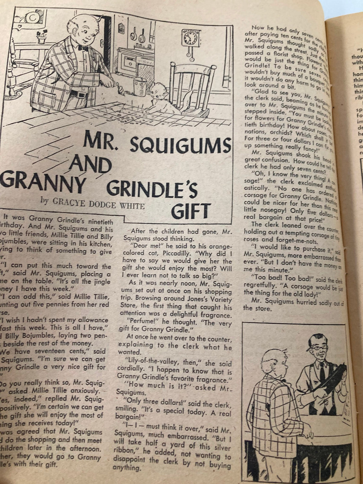 Story titled 'Mr. Squigums and Granny Grindle's Gift' featured in VTG Children's Activities Magazine September 1959, showcasing a humorous narrative.