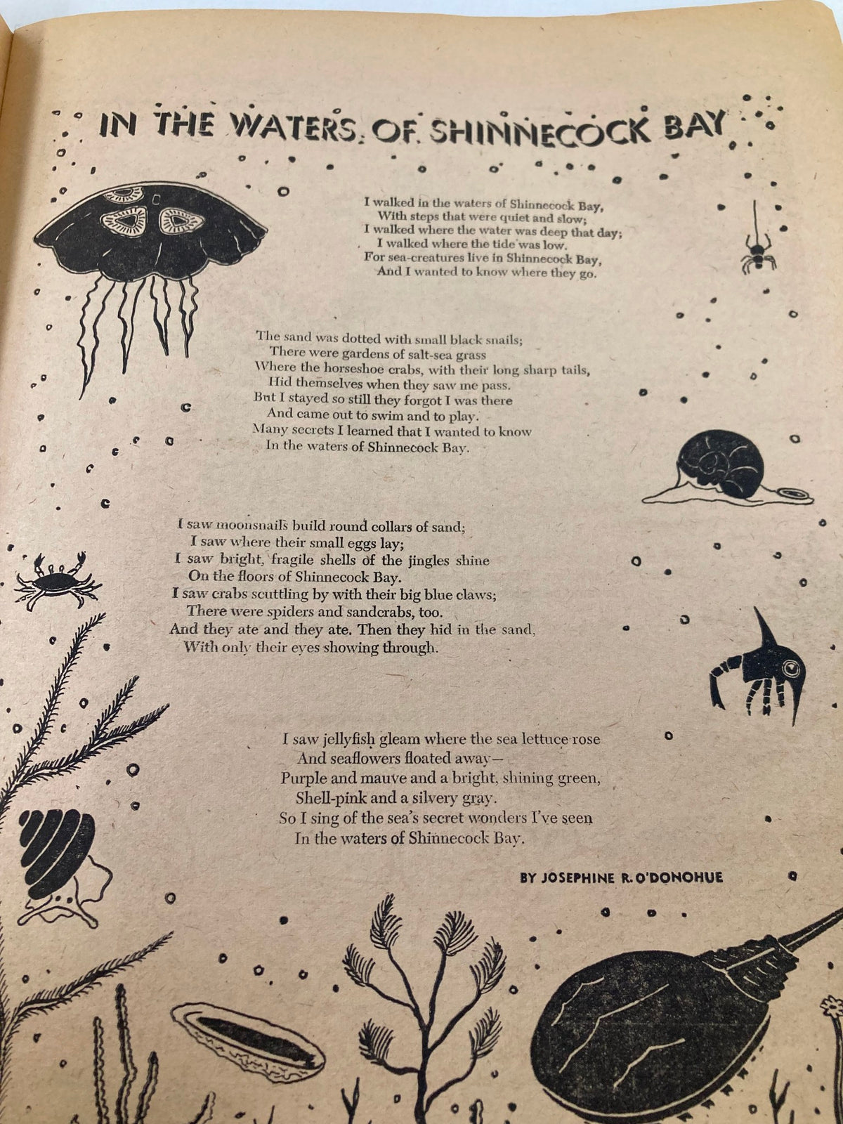 Illustration and poem titled 'In the Waters of Shinnecock Bay' from the VTG Children's Activities Magazine September 1959, featuring sea creatures and nature themes.