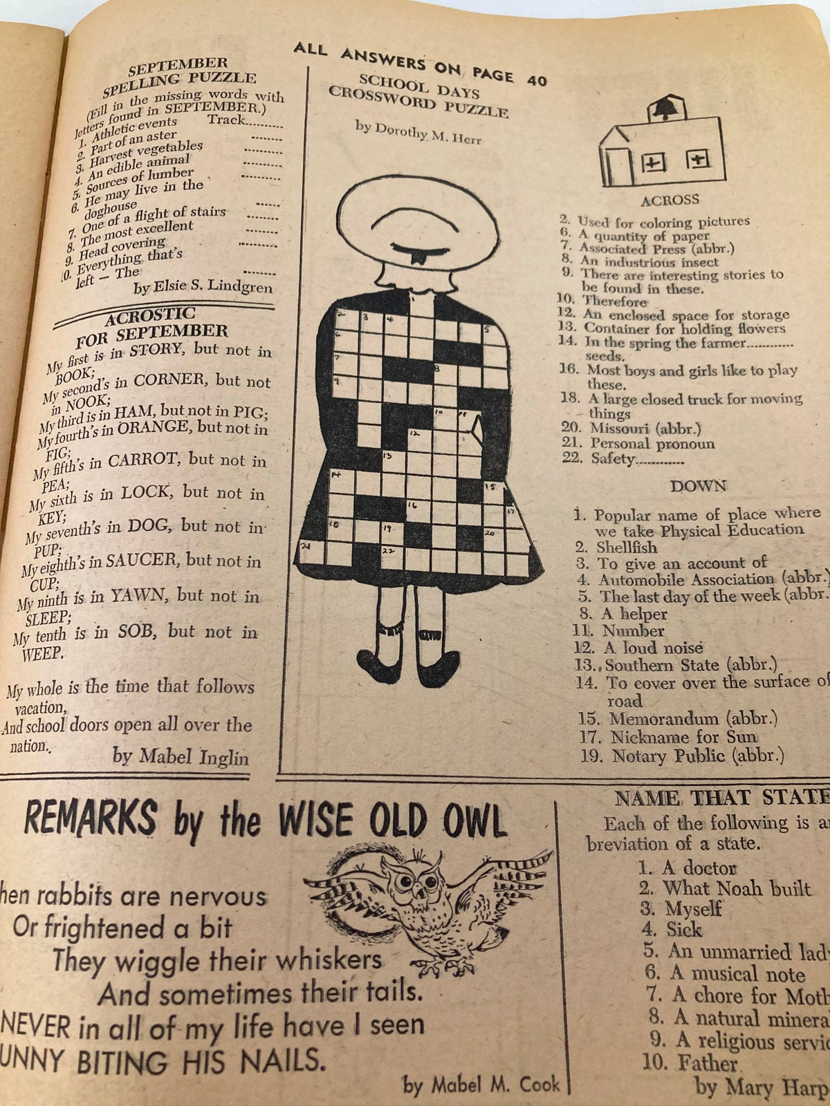 Crossword puzzle and acrostic titled 'September' from the VTG Children's Activities Magazine September 1959, providing fun brain teasers for young learners.