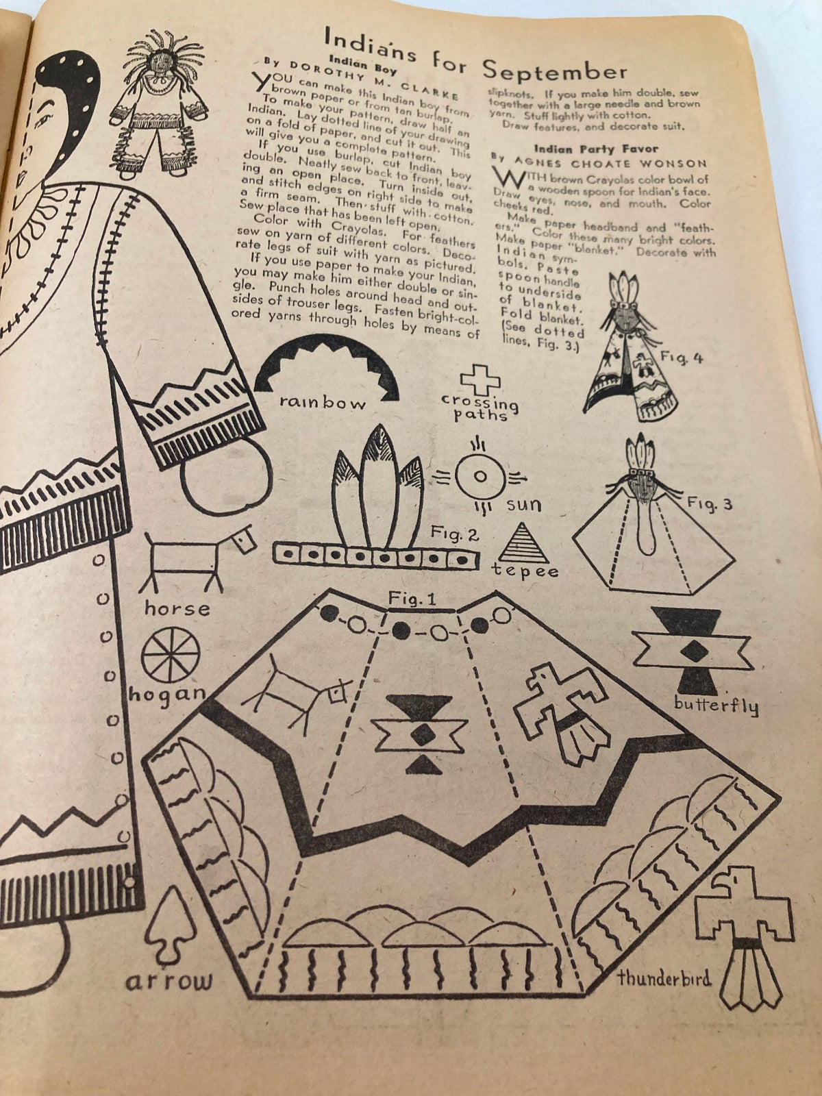 Illustration from VTG Children's Activities Magazine September 1959 depicting creative craft ideas including patterns for making an Indian boy and party favors with colorful designs.