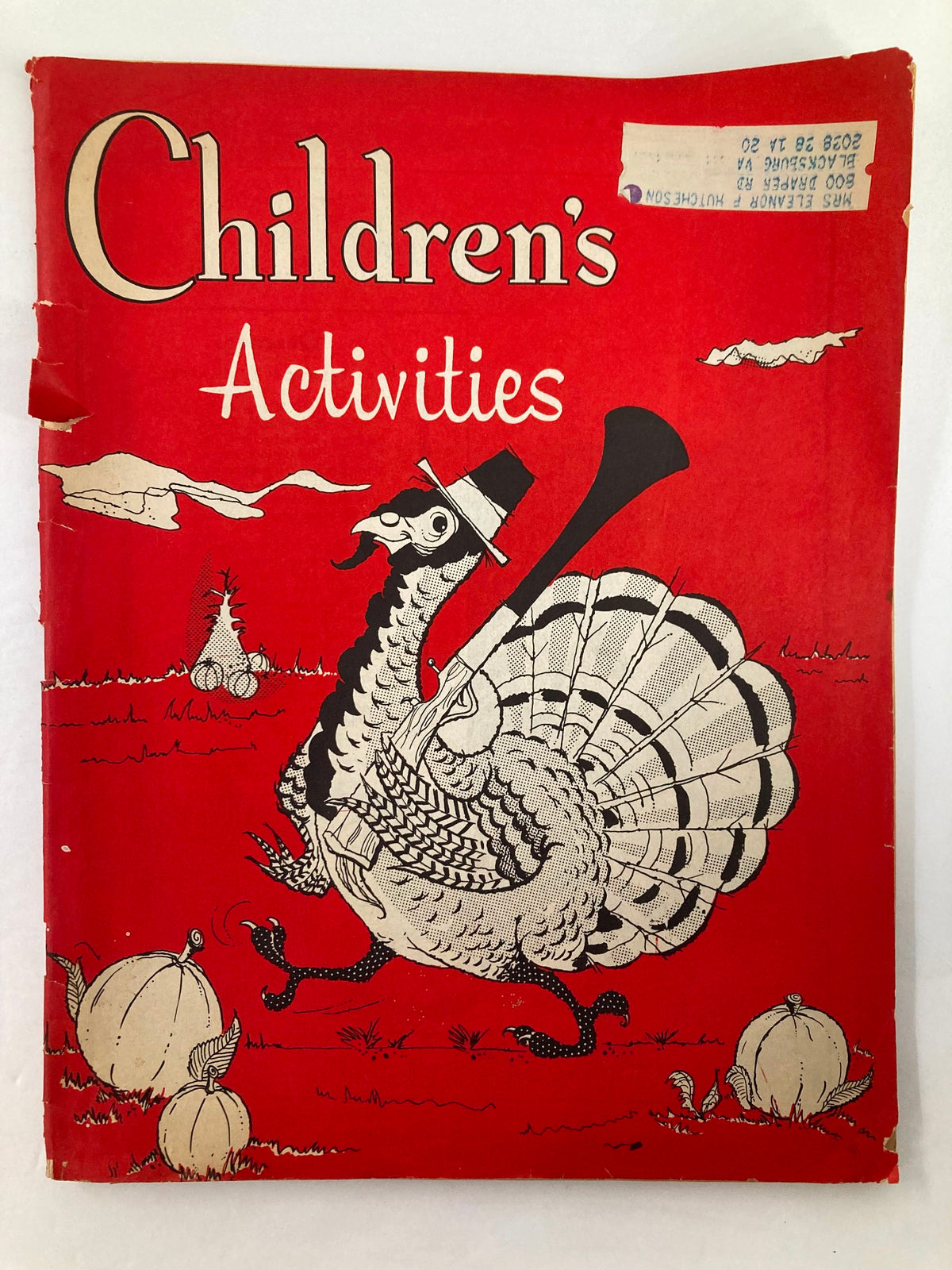 Cover of the VTG Children's Activities Magazine, November 1959 featuring a whimsical illustration of a turkey with a hat and trumpet against a vibrant red background.