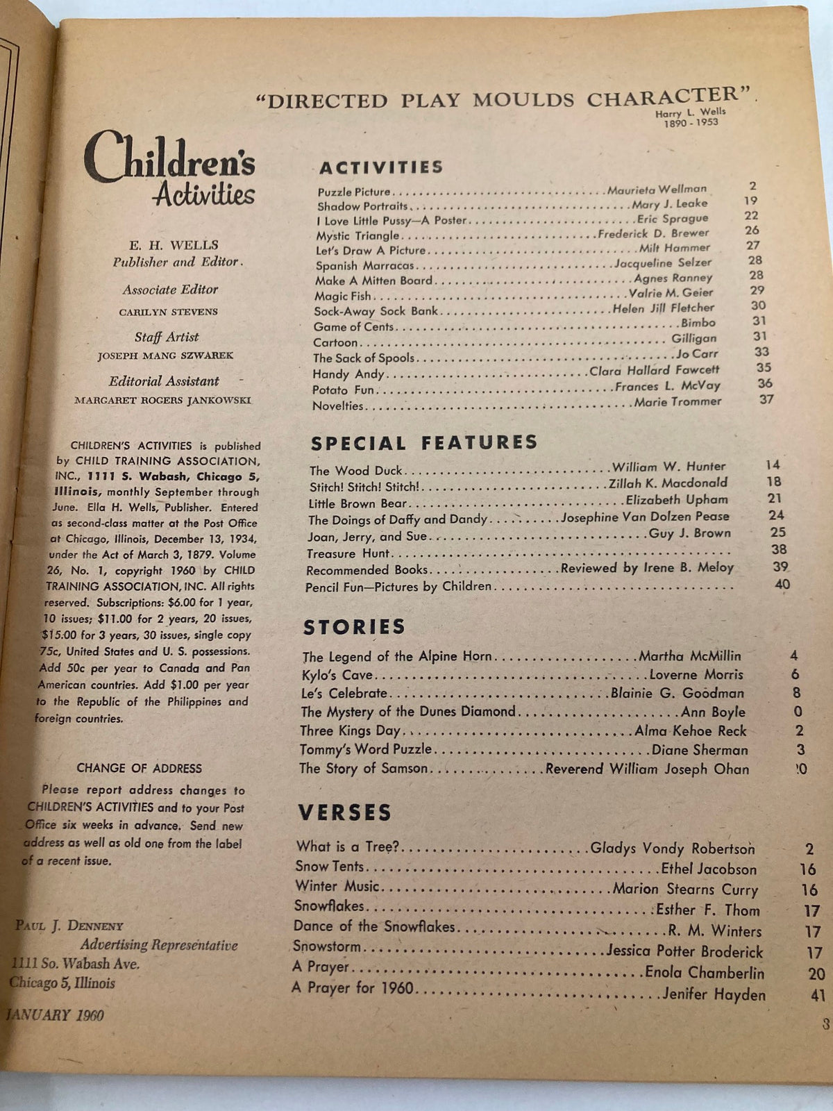 Table of contents page from the VTG Children's Activities Magazine January 1960 with the title header and listed activities, special features, stories, and verses related to children's winter activities.