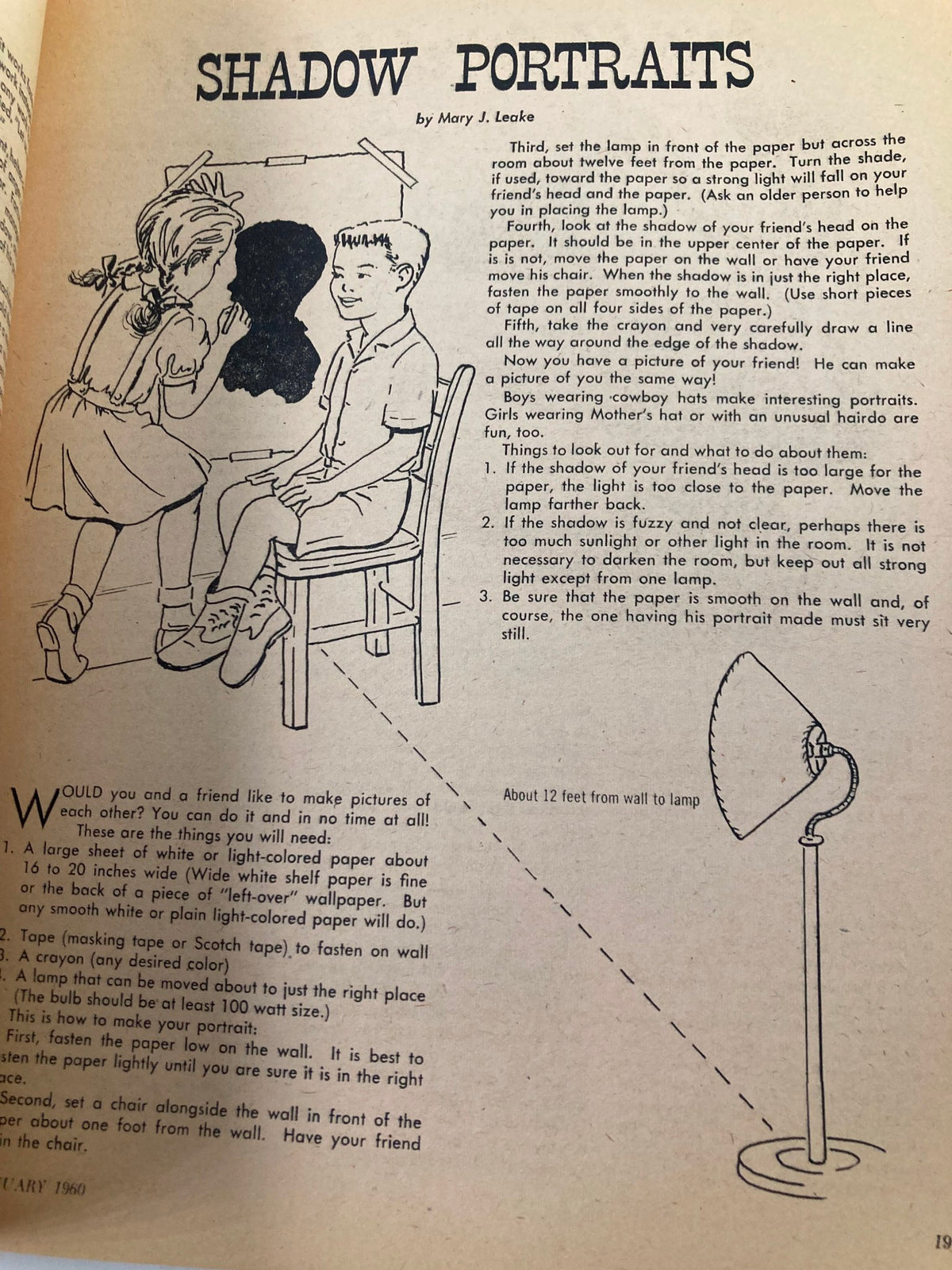 Page from the VTG Children's Activities Magazine January 1960 featuring an article titled 'Shadow Portraits' with illustrations showing children making shadow portraits, offering a fun activity for kids.