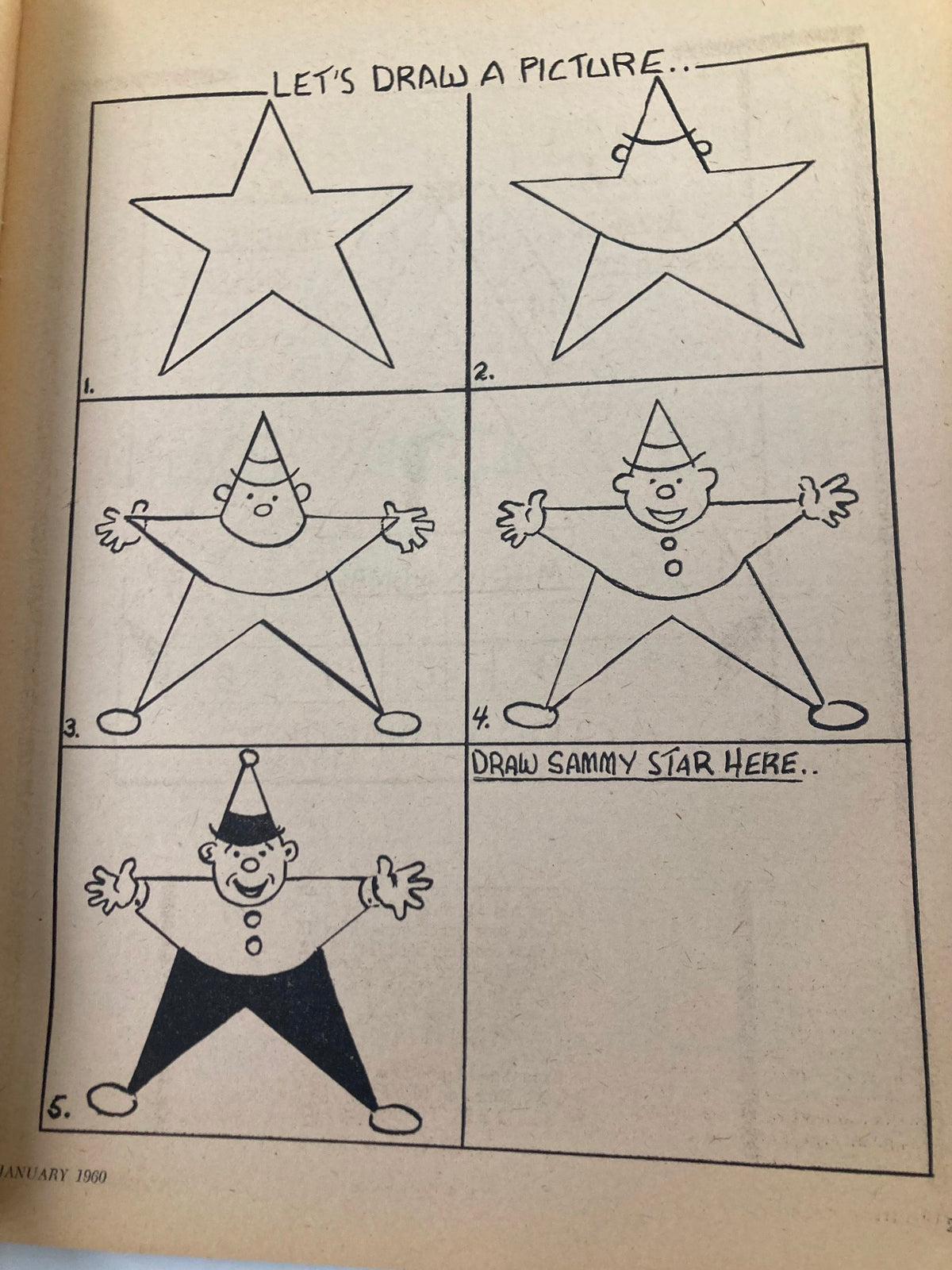 Illustrative activity page from the VTG Children's Activities Magazine January 1960 titled 'Let's Draw a Picture', with step-by-step drawing instructions for children featuring a character named Sammy Star.