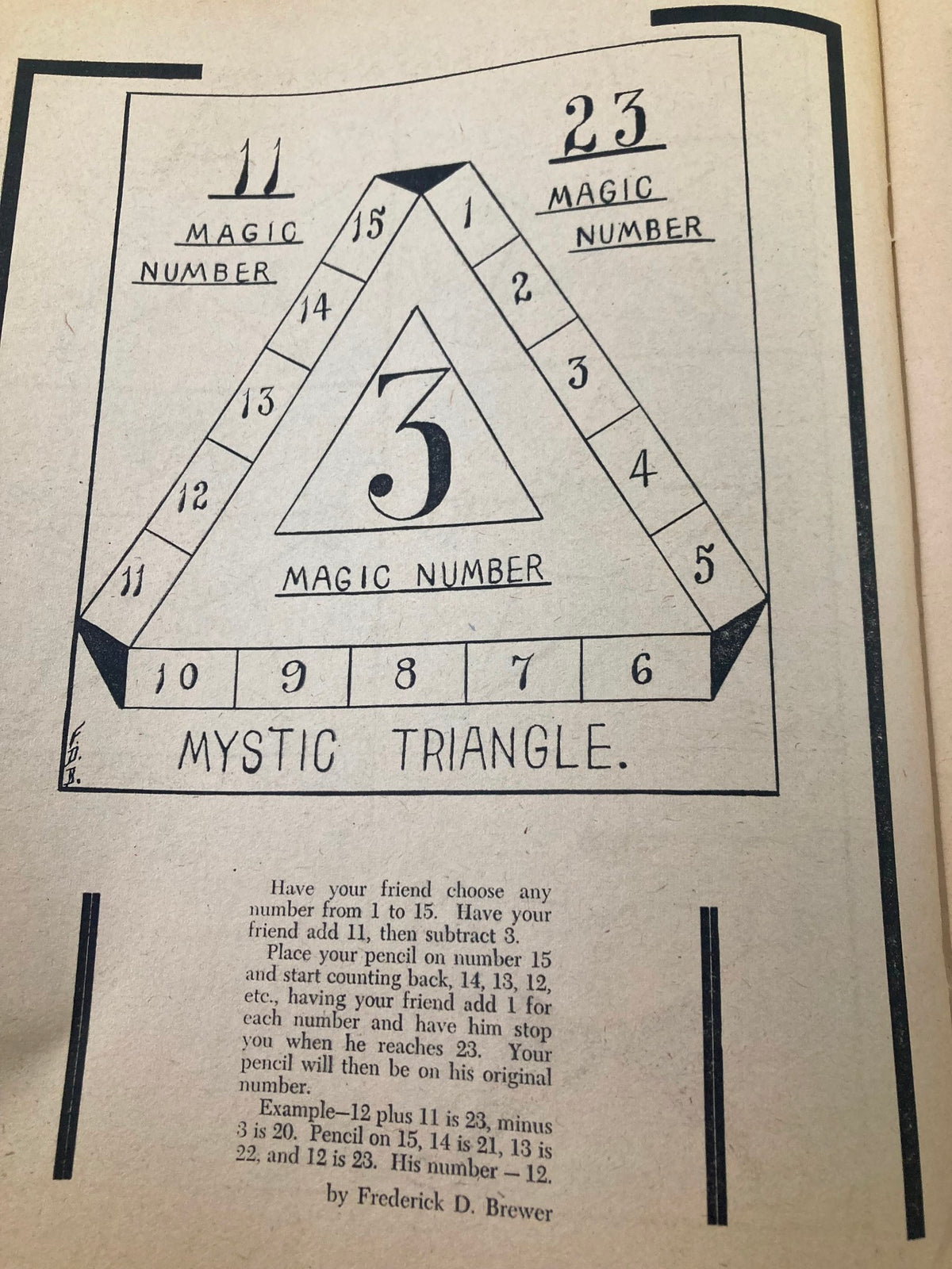 Page from 'VTG Children's Activities Magazine January 1960' illustrating a 'Mystic Triangle' activity with magic numbers 3, 11, and 23, engaging kids in mathematical fun.