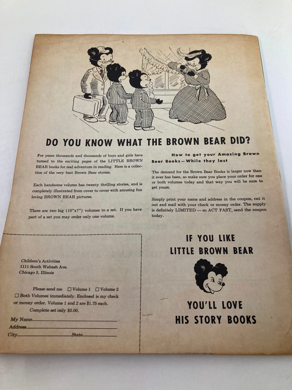 Back cover of 'VTG Children's Activities Magazine January 1960' featuring an advertisement for the 'Little Brown Bear' books, inviting children to enjoy thrilling stories.