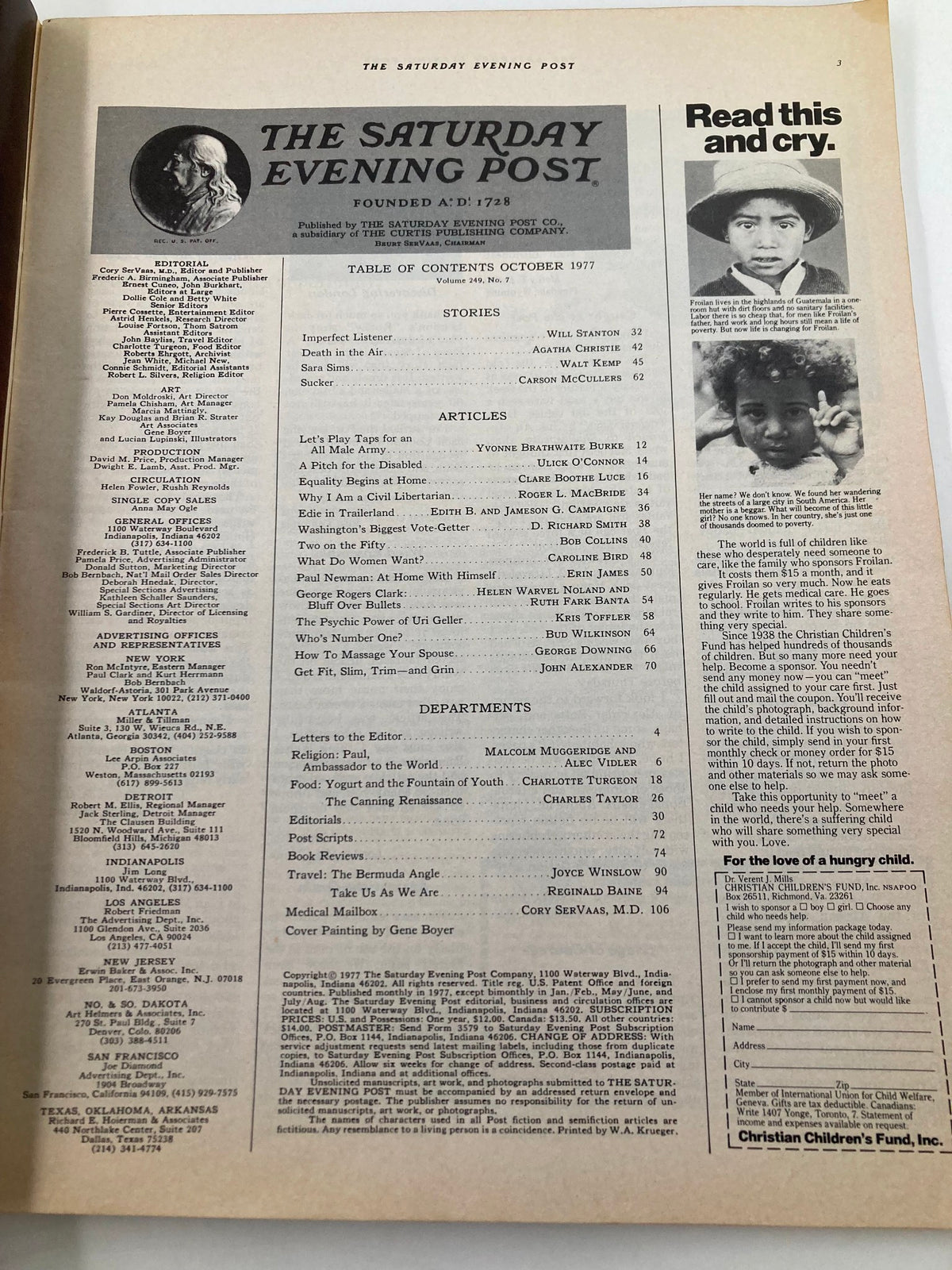 Table of contents from The Saturday Evening Post October 1977. Highlights include the article 'Paul Newman: At Home with Himself,' among various stories and articles reflective of the cultural landscape during the late 1970s.