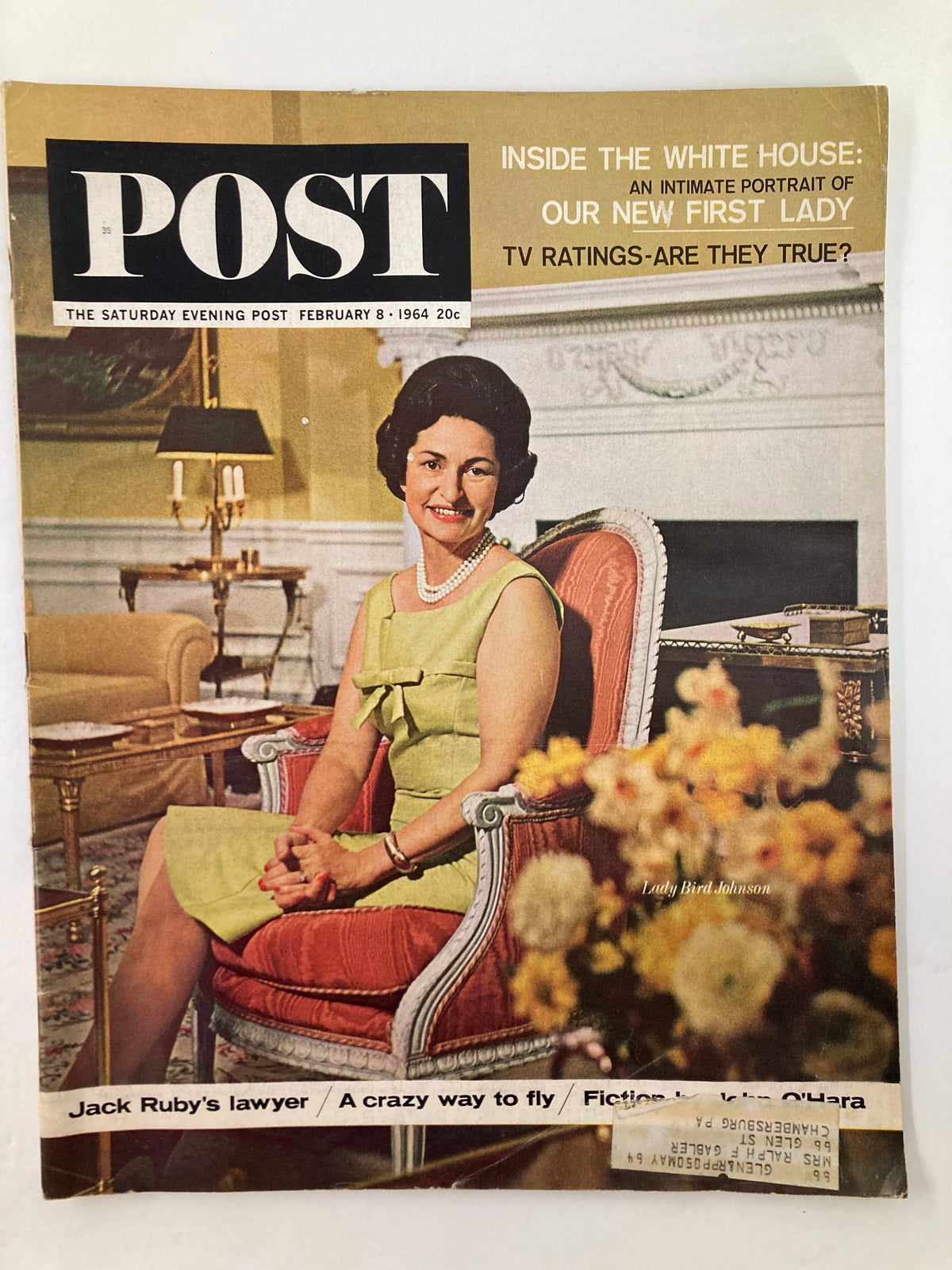 Cover of The Saturday Evening Post dated February 8, 1964 featuring Lady Bird Johnson, showcasing an intimate portrait of the First Lady inside the White House.