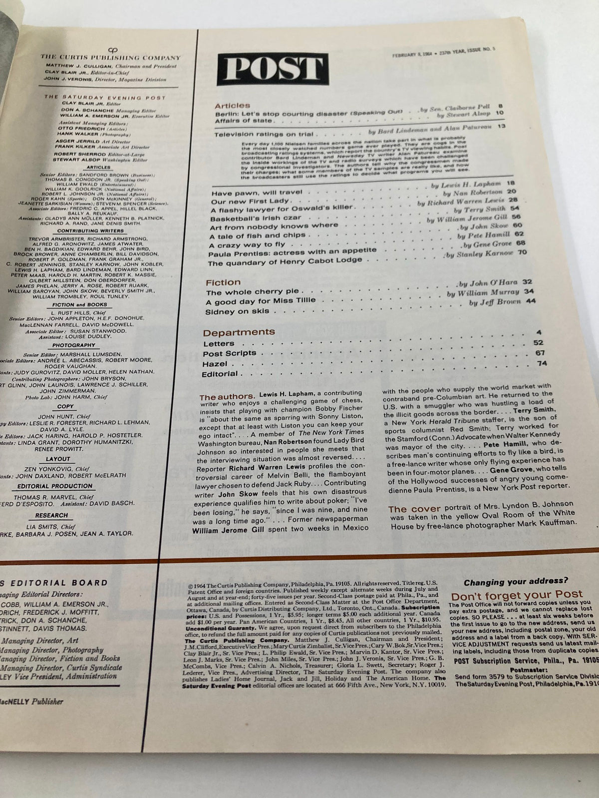 Table of contents page from The Saturday Evening Post February 8, 1964, detailing articles including features on Lady Bird Johnson and other topics.