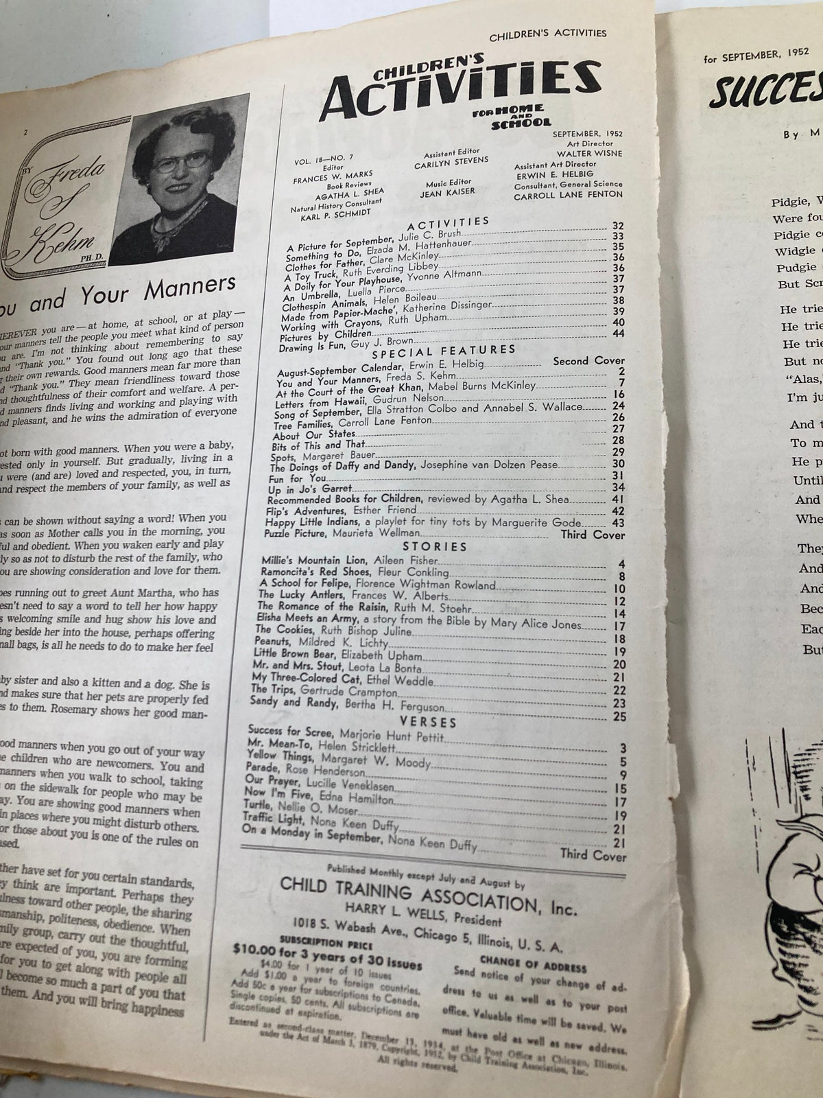 Table of contents for the VTG Children's Activities Magazine September 1952 showing various activities and stories, including a picture for September.