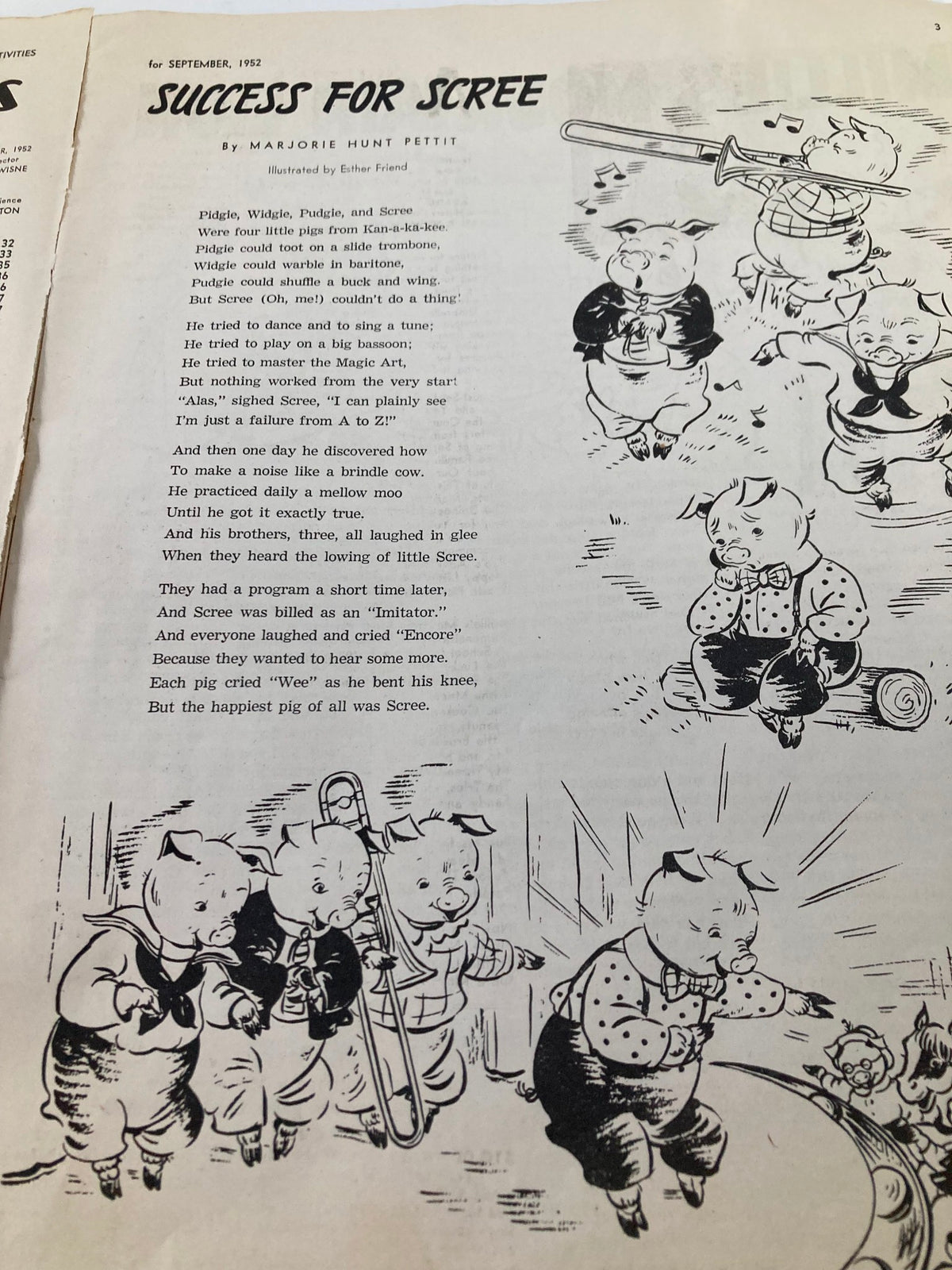 Illustrated story titled 'Success for Scree' featuring three little pigs enjoying music and dance, from the VTG Children's Activities Magazine September 1952.