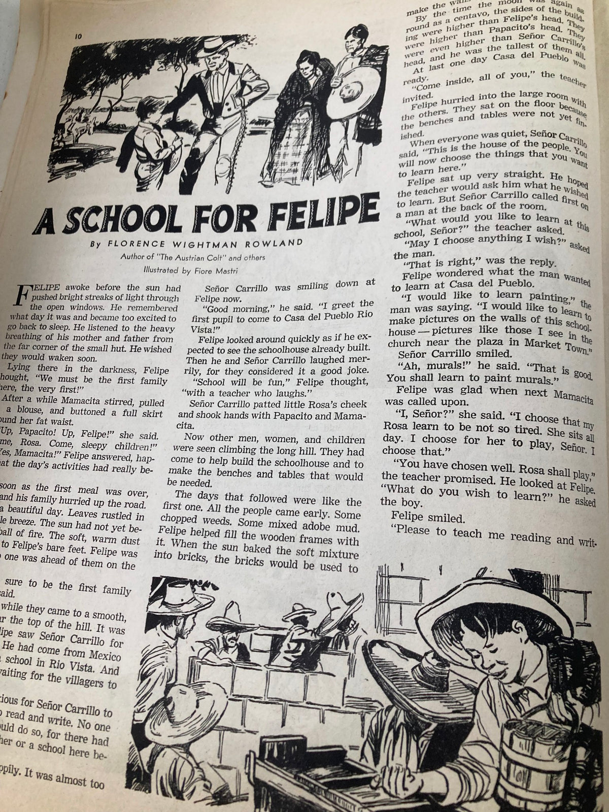 Illustrated story titled 'A School for Felipe' depicting a young boy in a school setting, illustrating a narrative from the VTG Children's Activities Magazine September 1952.