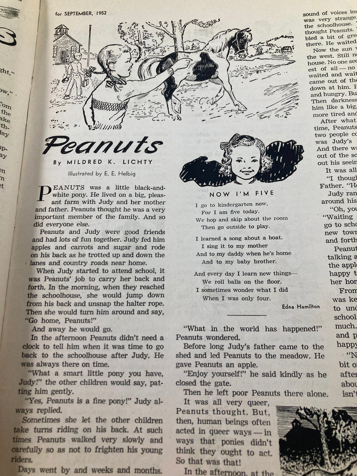 Illustrated story titled 'Peanuts' featuring a girl and her black-and-white pony, showcasing childhood adventures, from the VTG Children's Activities Magazine September 1952.