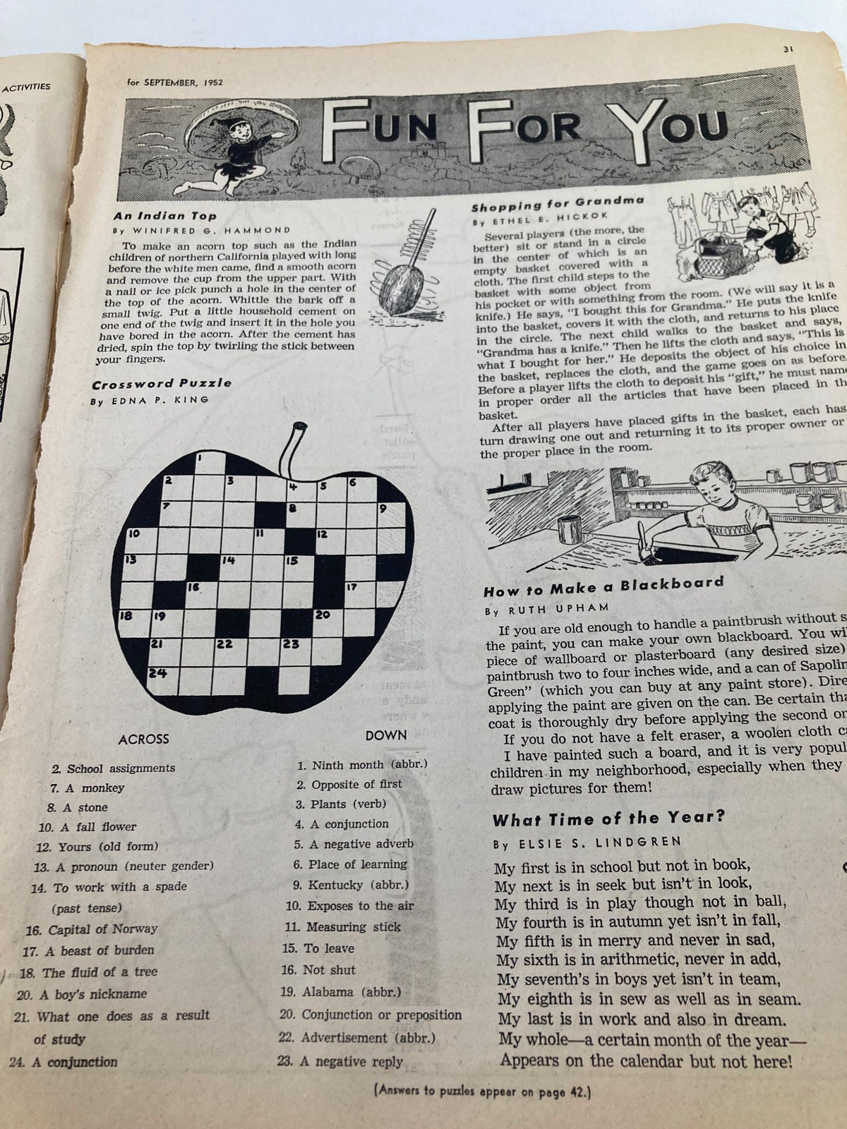 Page titled 'Fun For You' featuring games and activities including a crossword puzzle from the VTG Children's Activities Magazine September 1952.