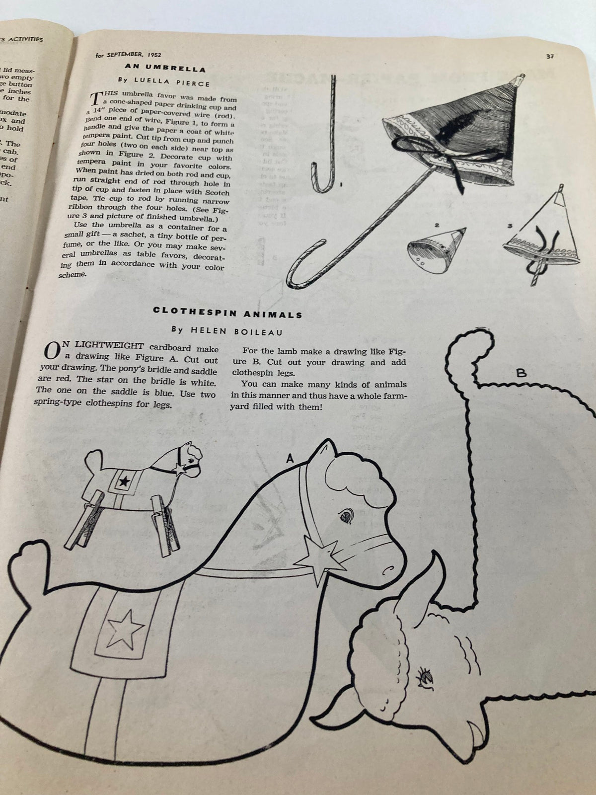 Image from VTG Children's Activities Magazine September 1952 showing instructions for creating a paper umbrella and clothespin animals, illustrating children's craft ideas from the 1950s.