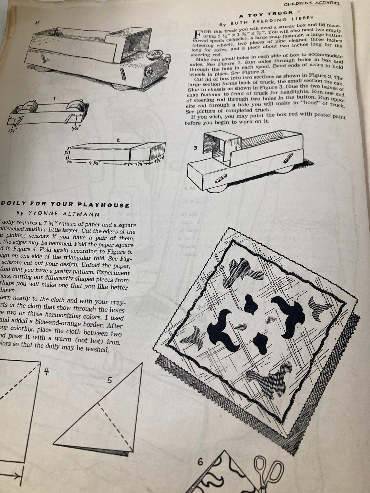 Image from VTG Children's Activities Magazine September 1952 featuring instructions for making a toy truck and a doily for a playhouse, reflecting vintage children's projects.