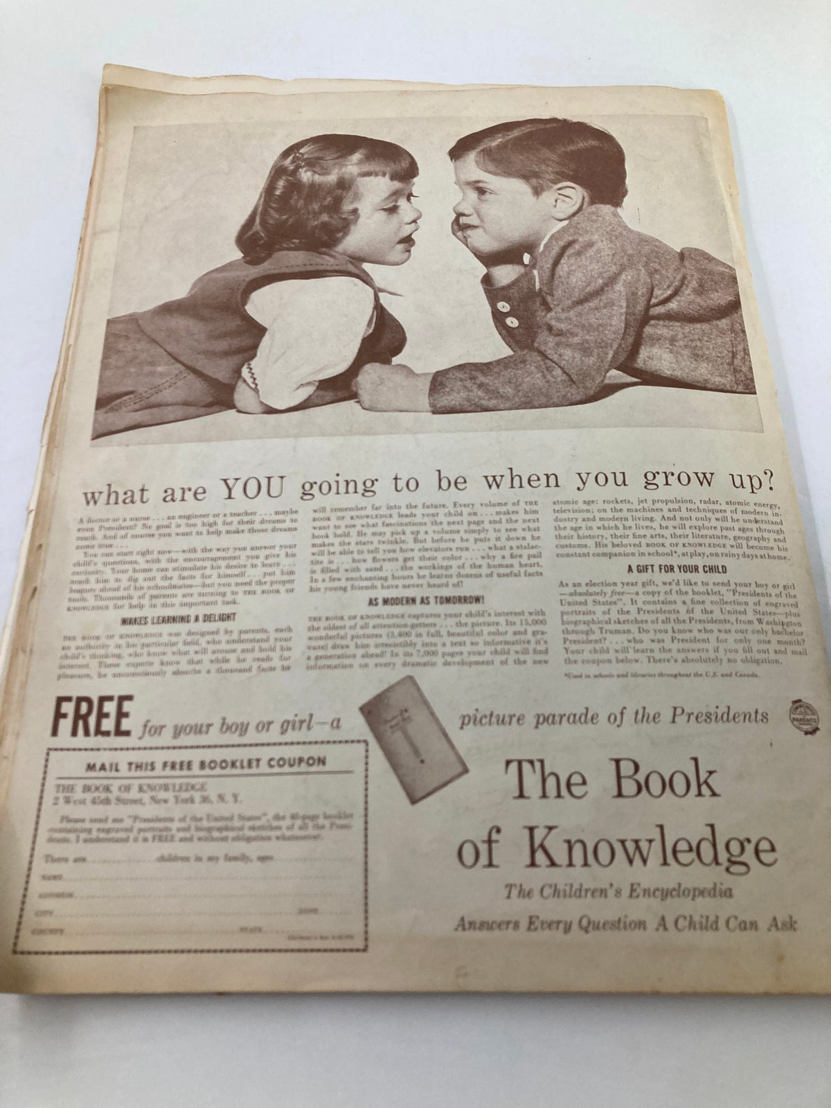 Image from VTG Children's Activities Magazine September 1952 displaying a vintage advertisement with children, highlighting the theme of childhood dreams and aspirations.