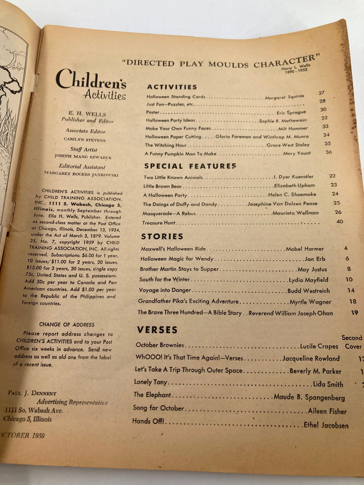 Interior page of VTG Children's Activities Magazine October 1959 featuring a table of contents listing various activities including 'A Funny Pumpkin Man To Make' and more.