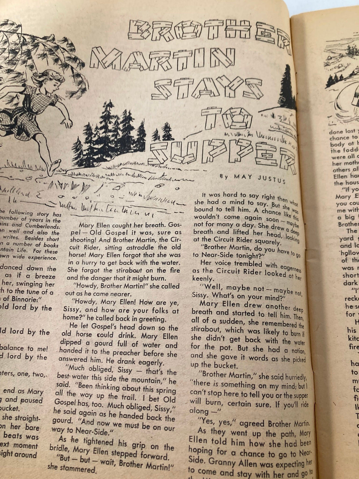 Illustration page from VTG Children's Activities Magazine October 1959 showcasing the story 'Brother Martin Stays to Supper' with artwork related to childhood adventures.