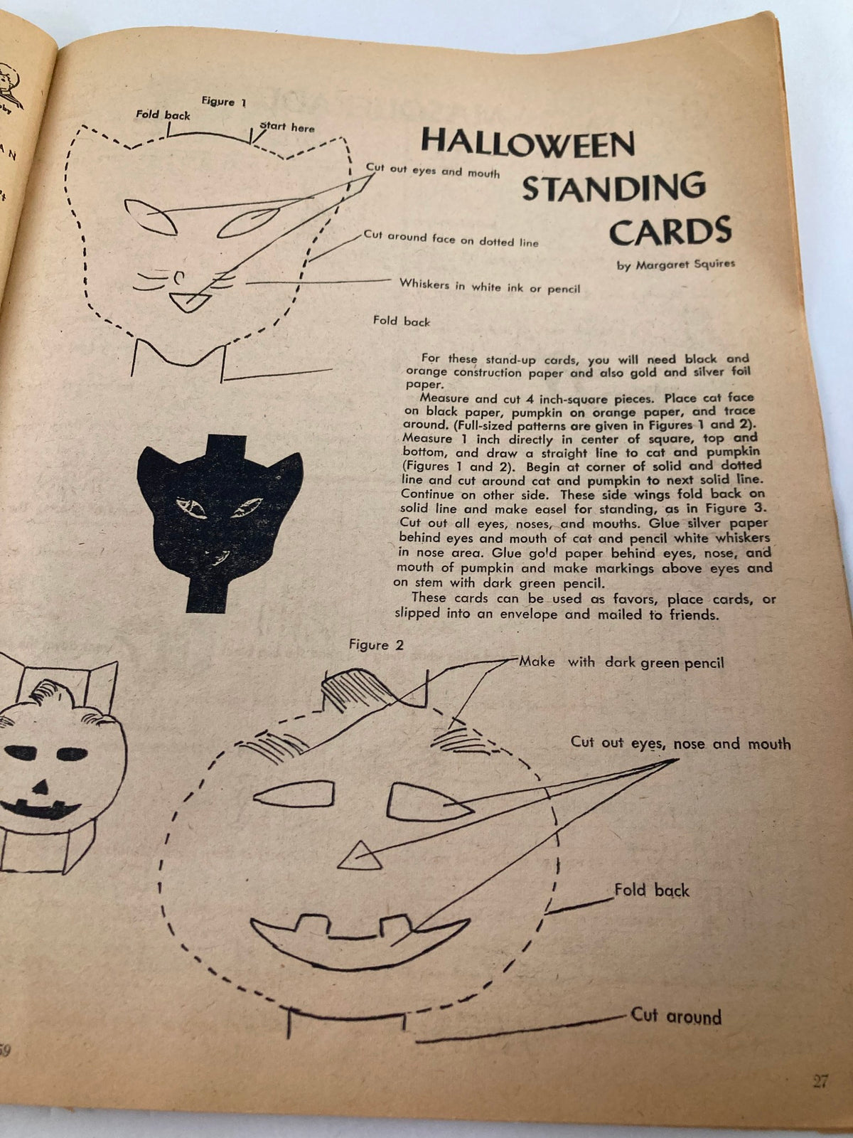 Instructions page from VTG Children's Activities Magazine October 1959 detailing how to create 'Halloween Standing Cards' with step-by-step illustrations.