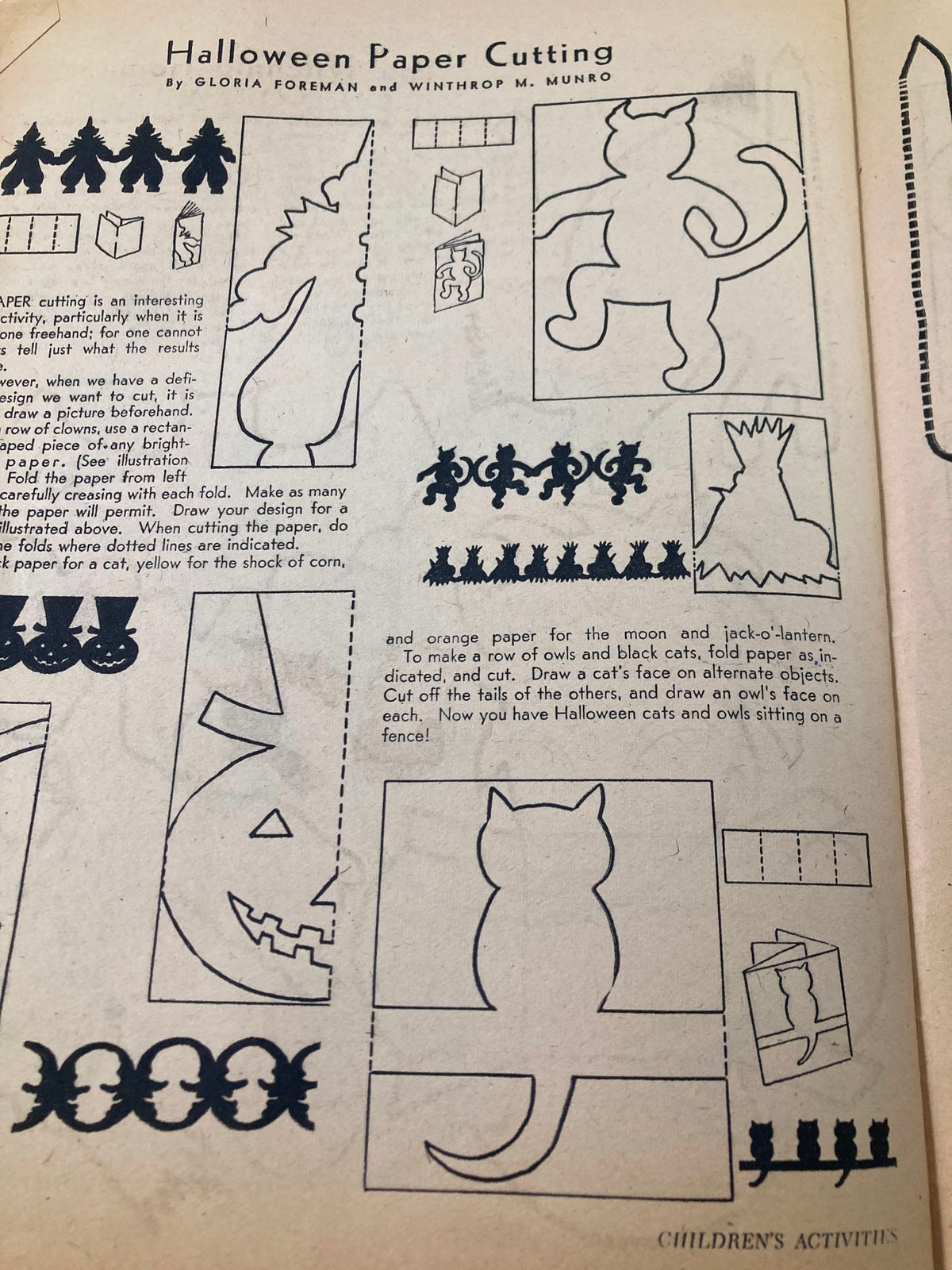 Halloween-themed paper cutting instructions in VTG Children's Activities Magazine October 1959, featuring designs for pumpkins and Halloween cats.