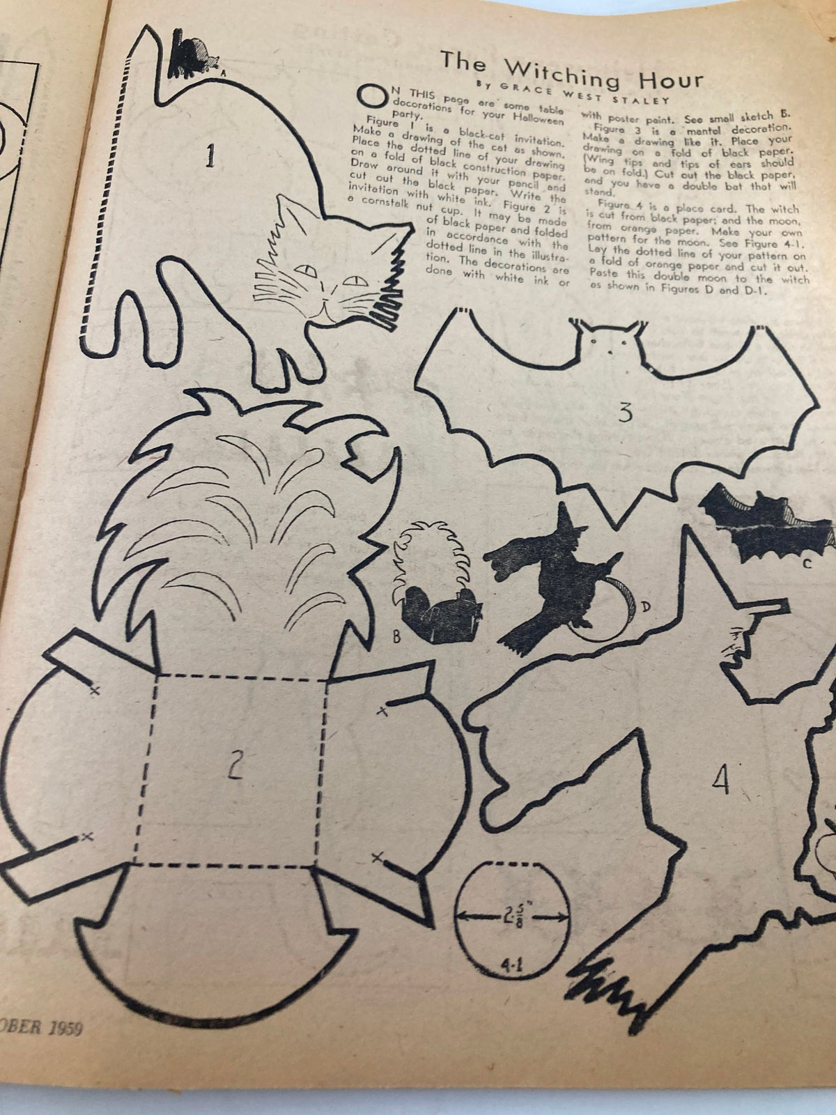 Craft project templates in VTG Children's Activities Magazine October 1959 illustrating Halloween decorations like a cat and a bat for children's activities.
