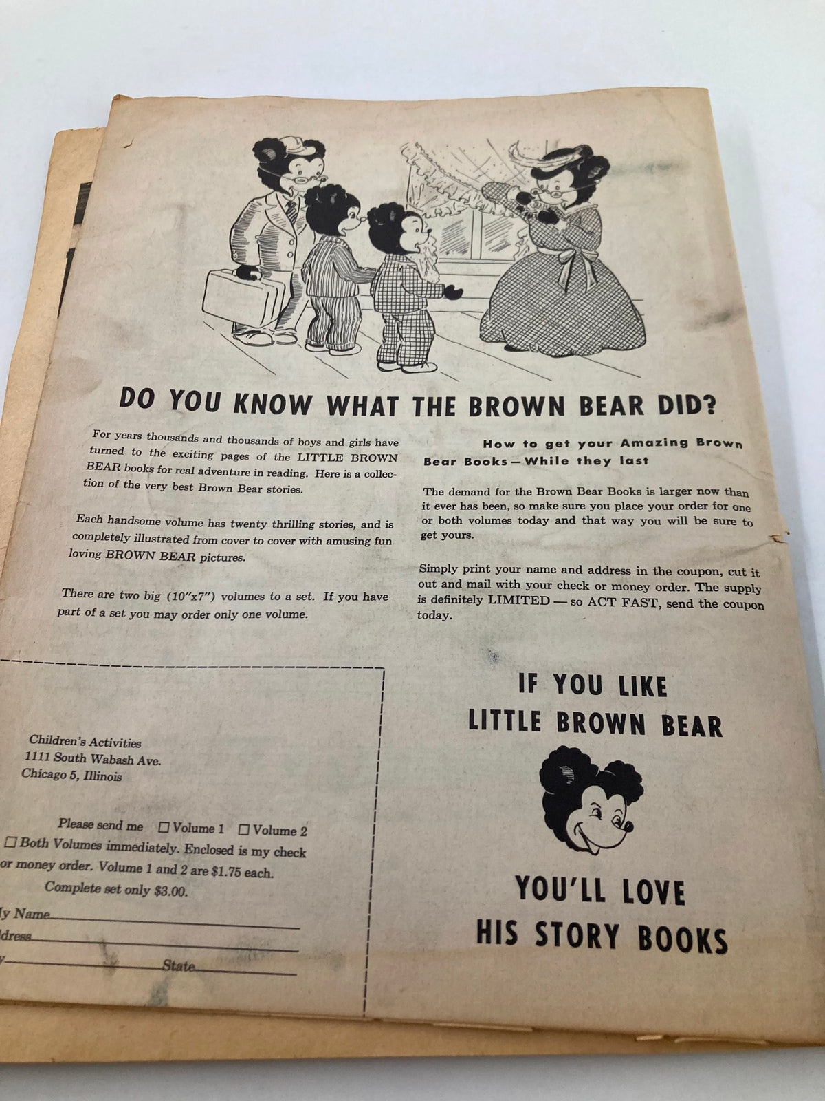 Vintage advertisement in Children's Activities Magazine October 1959, featuring charming illustrations of children and bears with a promotion for Little Brown Bear books, encapsulating the playful spirit of childhood activities from the late 1950s.
