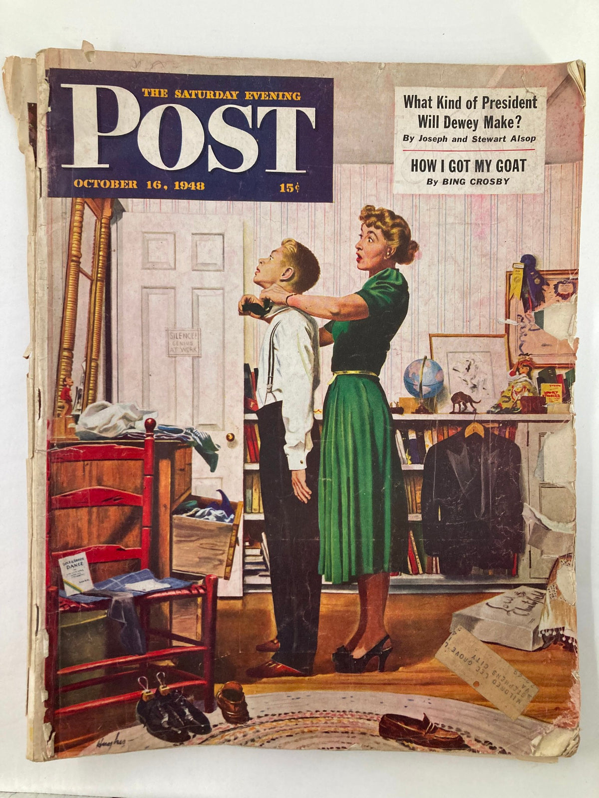 Cover of The Saturday Evening Post from October 16, 1948, featuring a dramatic illustration titled 'What Kind of President Will Dewey Make?' depicting a boy and a woman in a vintage interior with historical context.
