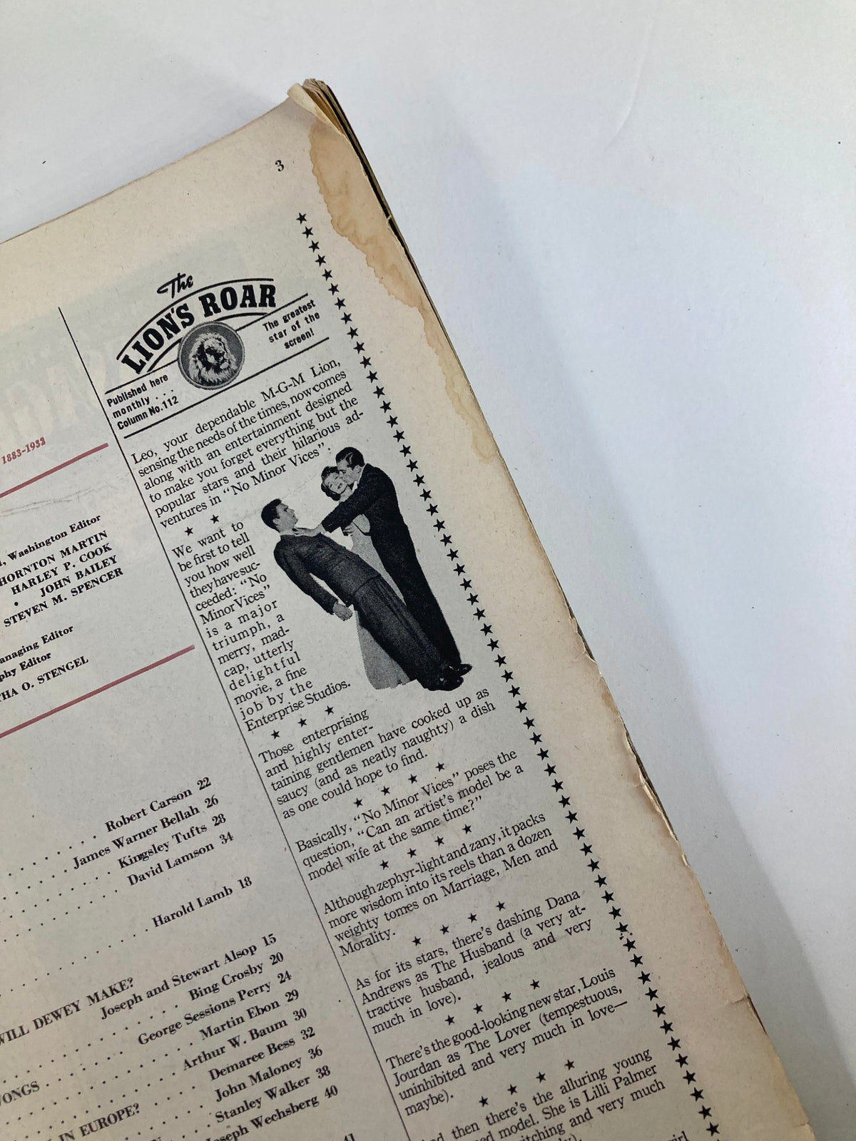 An interior page of The Saturday Evening Post October 16, 1948, displaying the section 'The Lion’s Roar' with vintage advertisements and an article layout consistent with the era.
