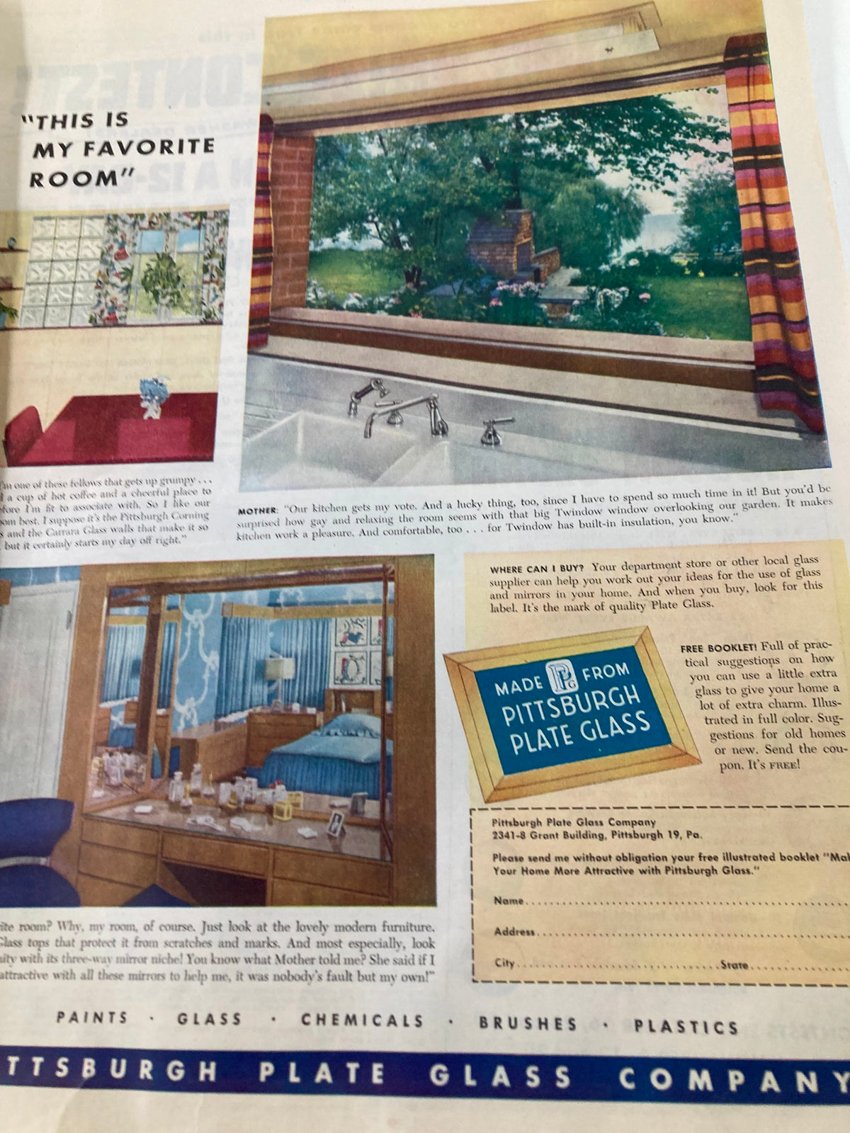 A bright advertisement from The Saturday Evening Post October 16, 1948, depicting a modern kitchen featured with Pittsburgh Plate Glass Company products.