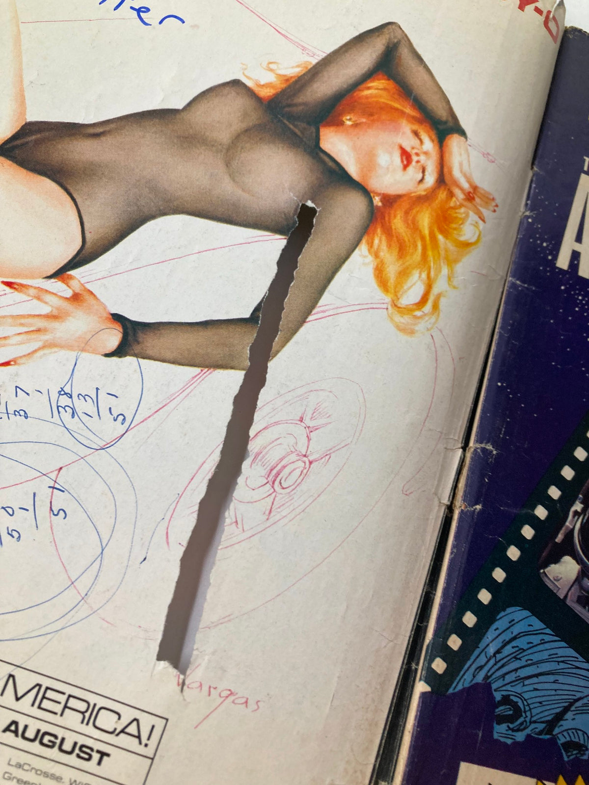 Close-up of an illustration in VTG Heavy Metal Magazine September 1979 titled 'The Spirit of the Game', showcasing retro artwork and handwritten notes on authenticity.